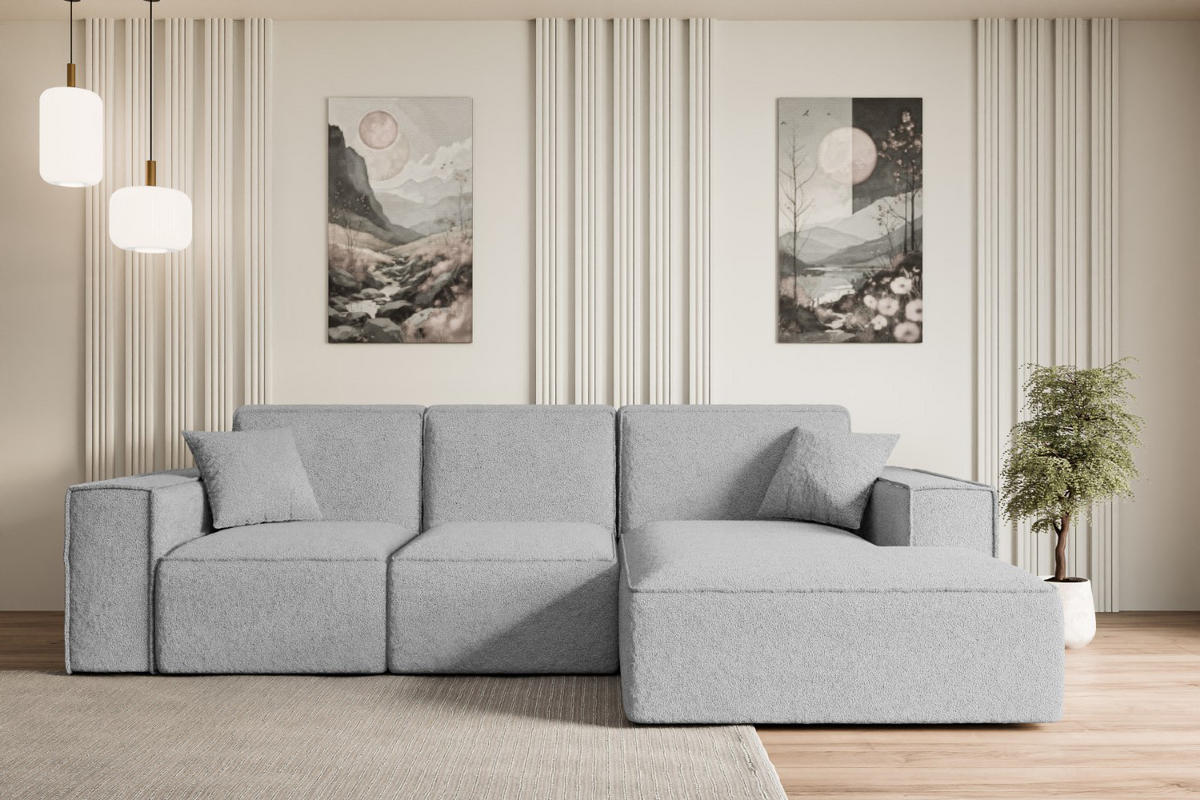 ECKSOFA Ottomane Rechts SERRA-L - 266x165x73 cm Hellgrau Bouclé - Hellgrau/Schwarz, Holzwerkstoff/Kunststoff (266/165cm) - ALTDECOR