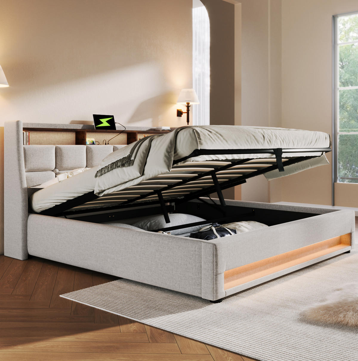 POLSTERBETT mit USB, LED und Bettkasten 140x200 cm Beige inklusive Matratze - Beige, Metall (140/200cm) - Meubliv