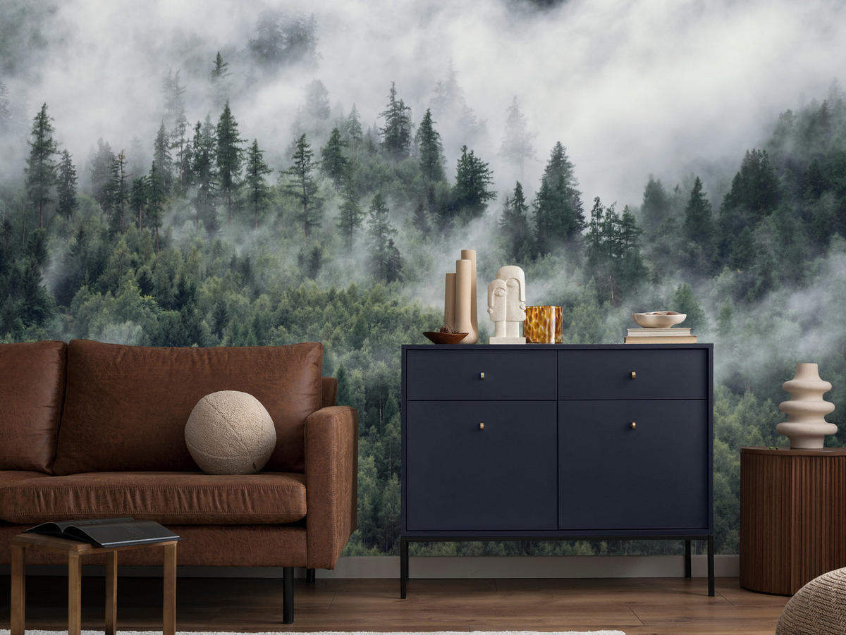 FOTOTAPETE für Schlafzimmer Morgennebel Nadelwald Bäume 500x350 - Weiß/Grau, Papier (500/350cm) - Muralo