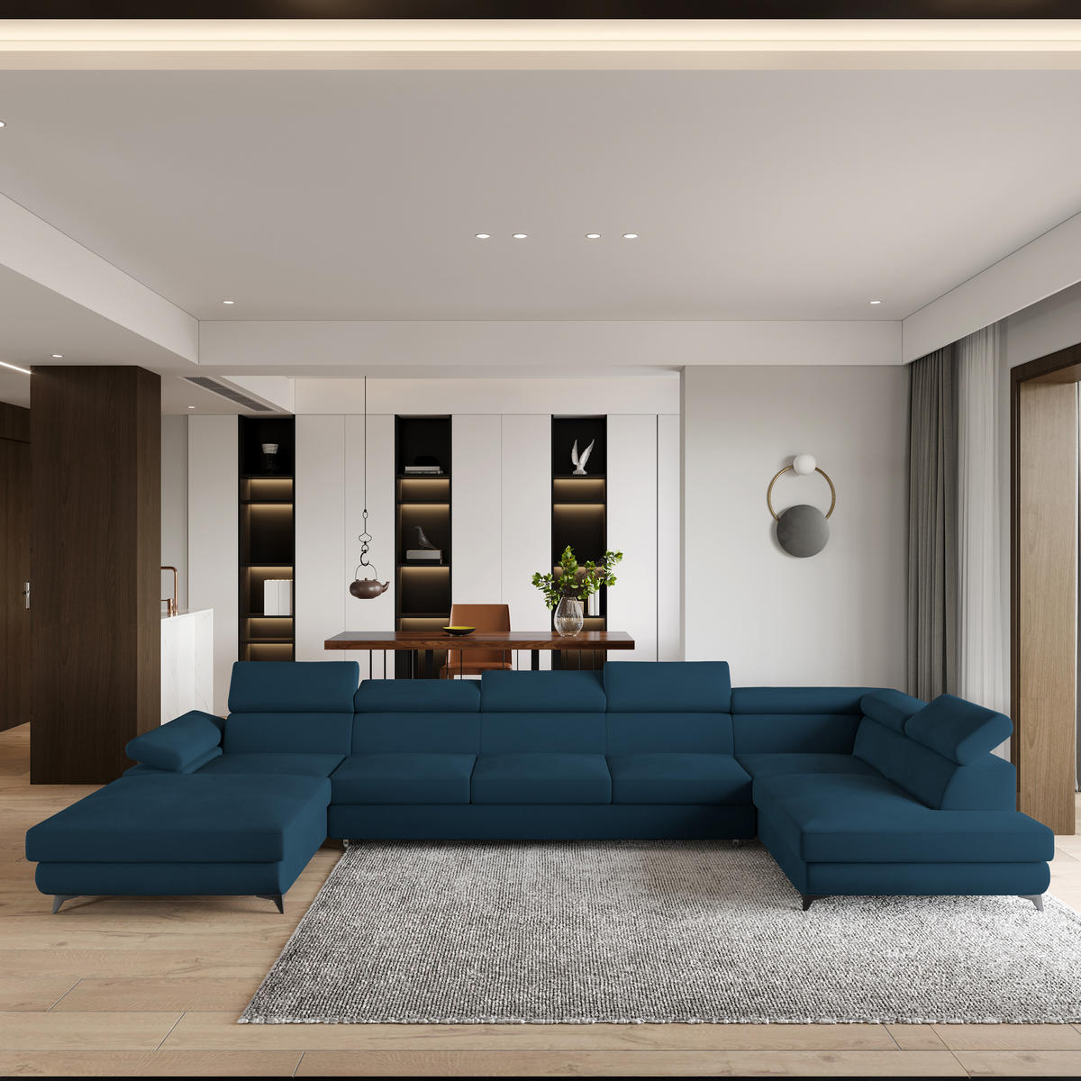 ROHOVÁ SEDAČKA MONTIVA modrá - modrá/černá, kov/dřevo (410/190cm) - MASSENO