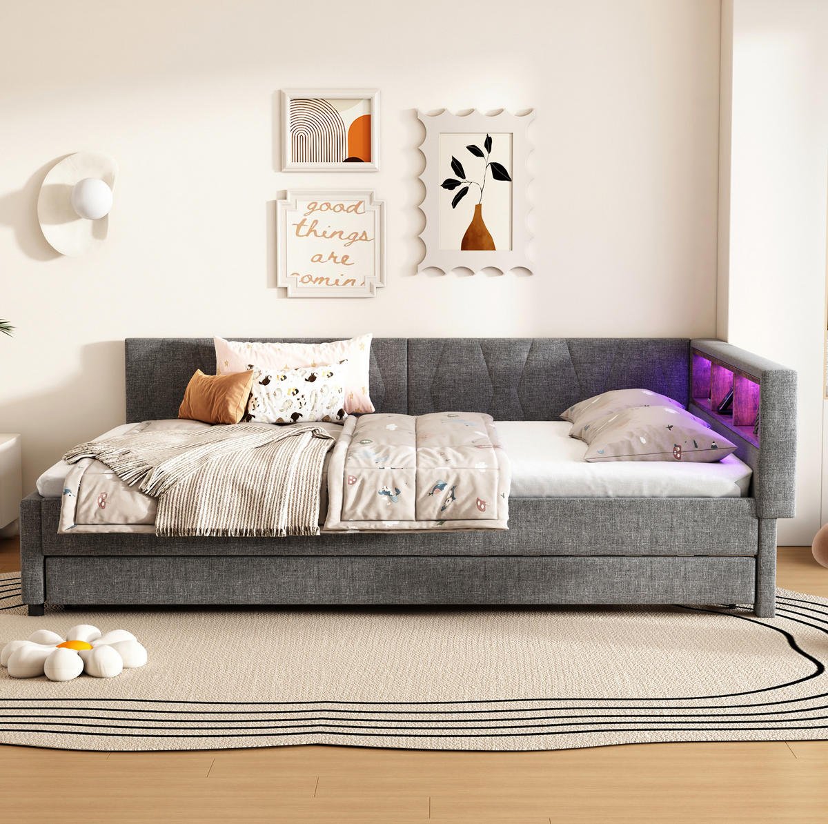 POLSTERBETT 140/200 cm Grau aus Leinen mit USB- und Type-C-Anschlüssen und LED - Grau, Textil (140/200cm) - Flora Grace