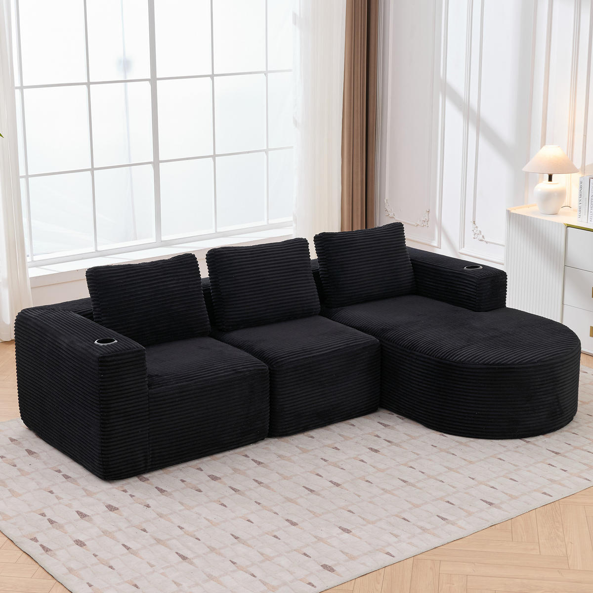 ECKSOFA Cord Schwarz mit 3 Kissen und 2 Becherhaltern - Schwarz, Textil (265/176cm) - WISHDOR