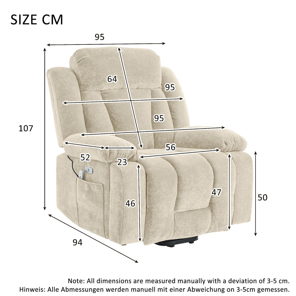 MASSAGESESSEL Stoff Beige mit Massagefunktion, Heizfunktion, USB und Hebefunktion - Beige, Holzwerkstoff/Textil (95/107/94cm) - WISHDOR