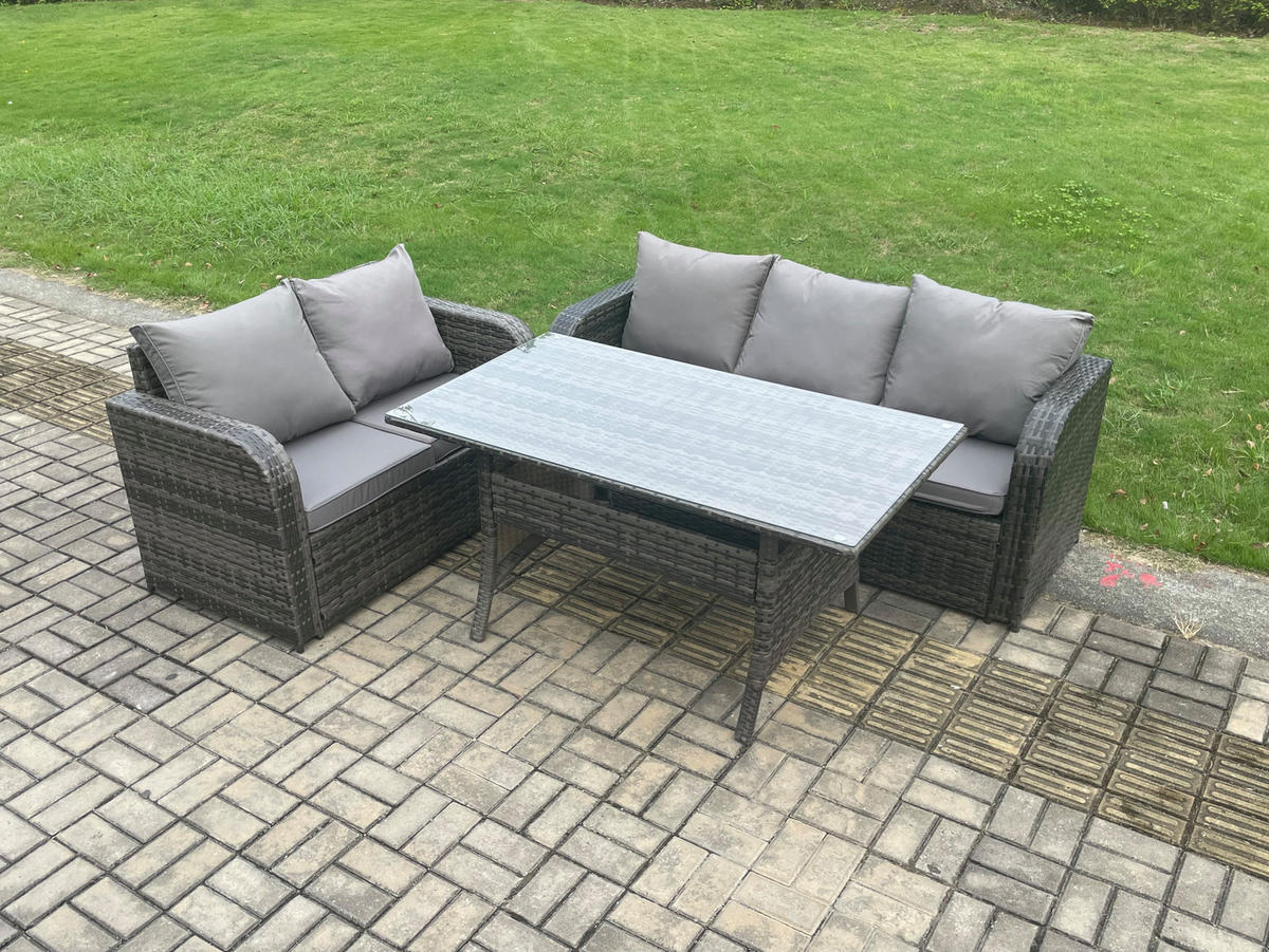 Gartenmöbelset mit Esstisch,Zweisitzer,Beistelltischen Polyrattan Dunkelgrau 5-Sitzer - Dunkelgrau/Grau, Glas/Kunststoff - Fimous