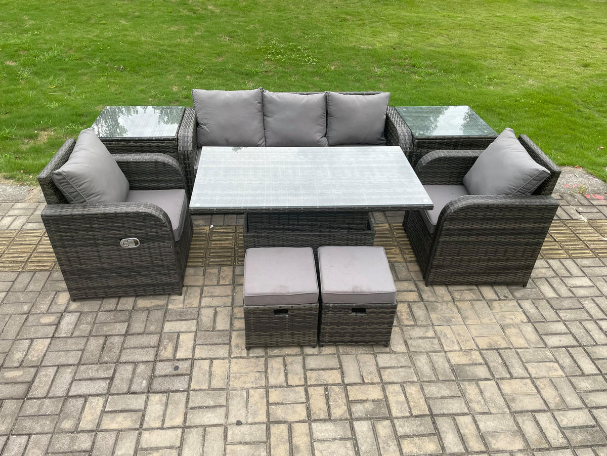 SITZGRUPPE GARTENSET Polyrattan Outdoor 7-Sitzer - Dunkelgrau/Grau, Glas/Kunststoff - Fimous