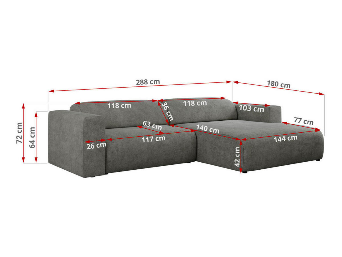ECKSOFA PASADENA Grau Struktur - Links Seite - Schwarz/Grau, Kunststoff/Textil (288/180cm) - MKS