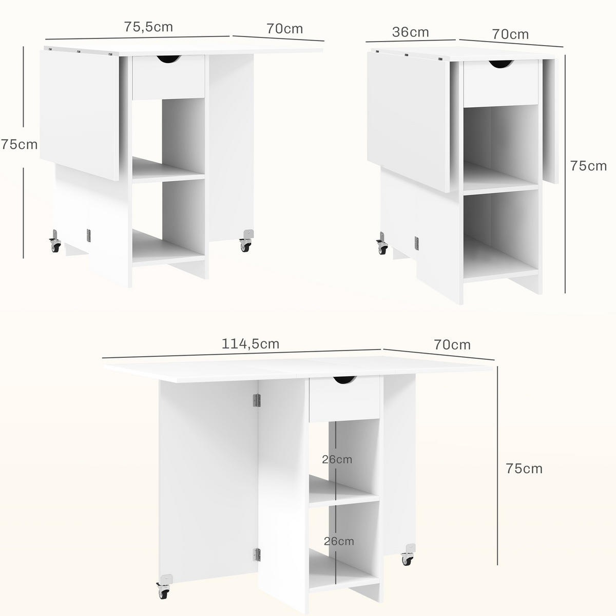 KLAPPTISCH für 2-4 Personen 114,5/70/75 cm mit Ablagen und Schublade, Weiß - Weiß, Holzwerkstoff (114.5/70/75cm) - BEAOK