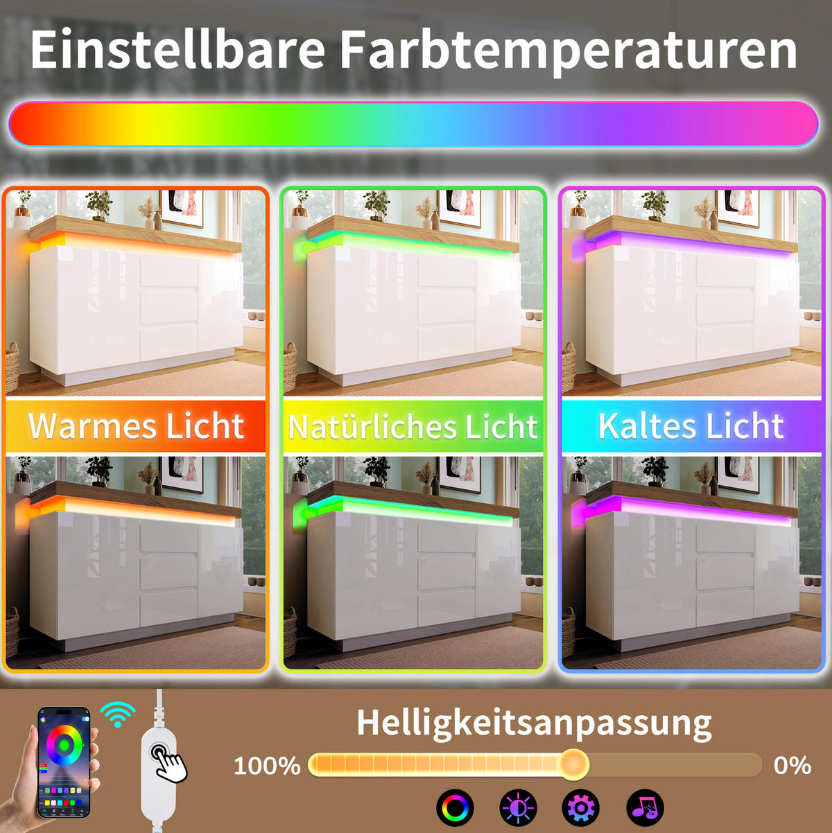 KOMODA 140 cm v beli visoki sijaj z LED-osvetlitvijo in 2 vrati - bela, leseni material (39/81/140cm) - OKMYHOME
