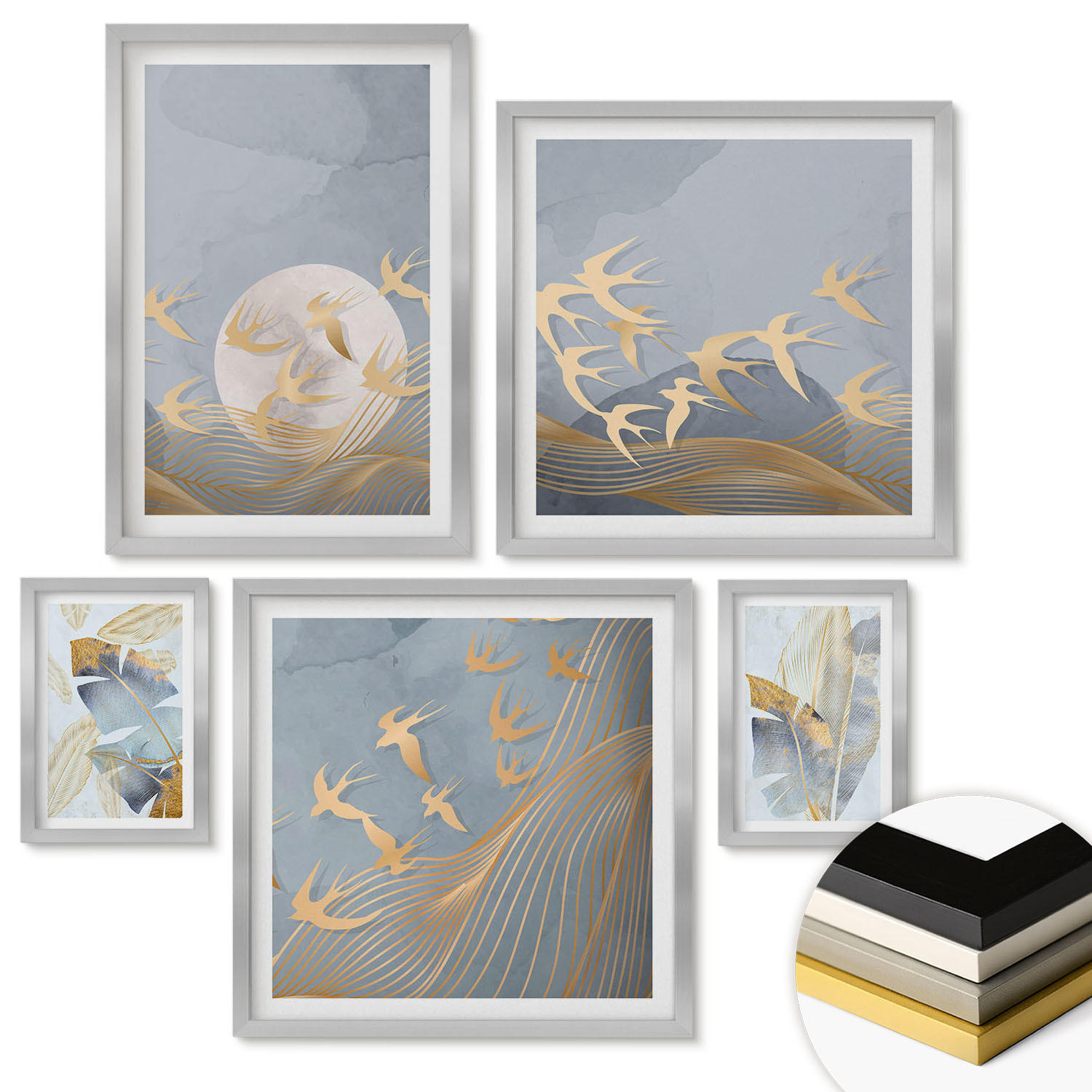 WANDBILDER 5er Set - 50x50 cm & 20x30 cm & 40x60 cm Silberner Rahmen - Blaubeige Blätter im Hintergrund - Silberfarben, Kunststoff (40/60cm) - ArtPrintCave