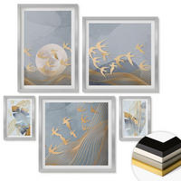 WANDBILDER 5er Set - 50x50 cm & 20x30 cm & 40x60 cm Silberner Rahmen - Blaubeige Blätter im Hintergrund - Silberfarben, Kunststoff (40/60cm) - ArtPrintCave