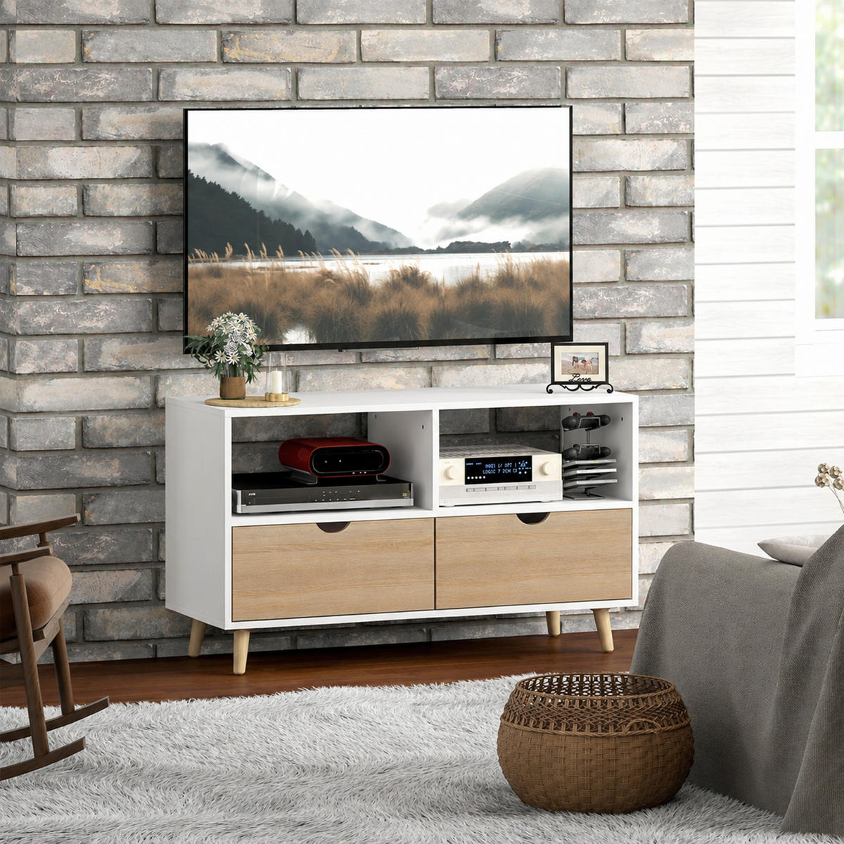 TV SKŘÍŇKA Lowboard se 2 policemi, zásuvkou, bílá - bílá, kompozitní dřevo (39/58.3/99cm) - HOMCOM