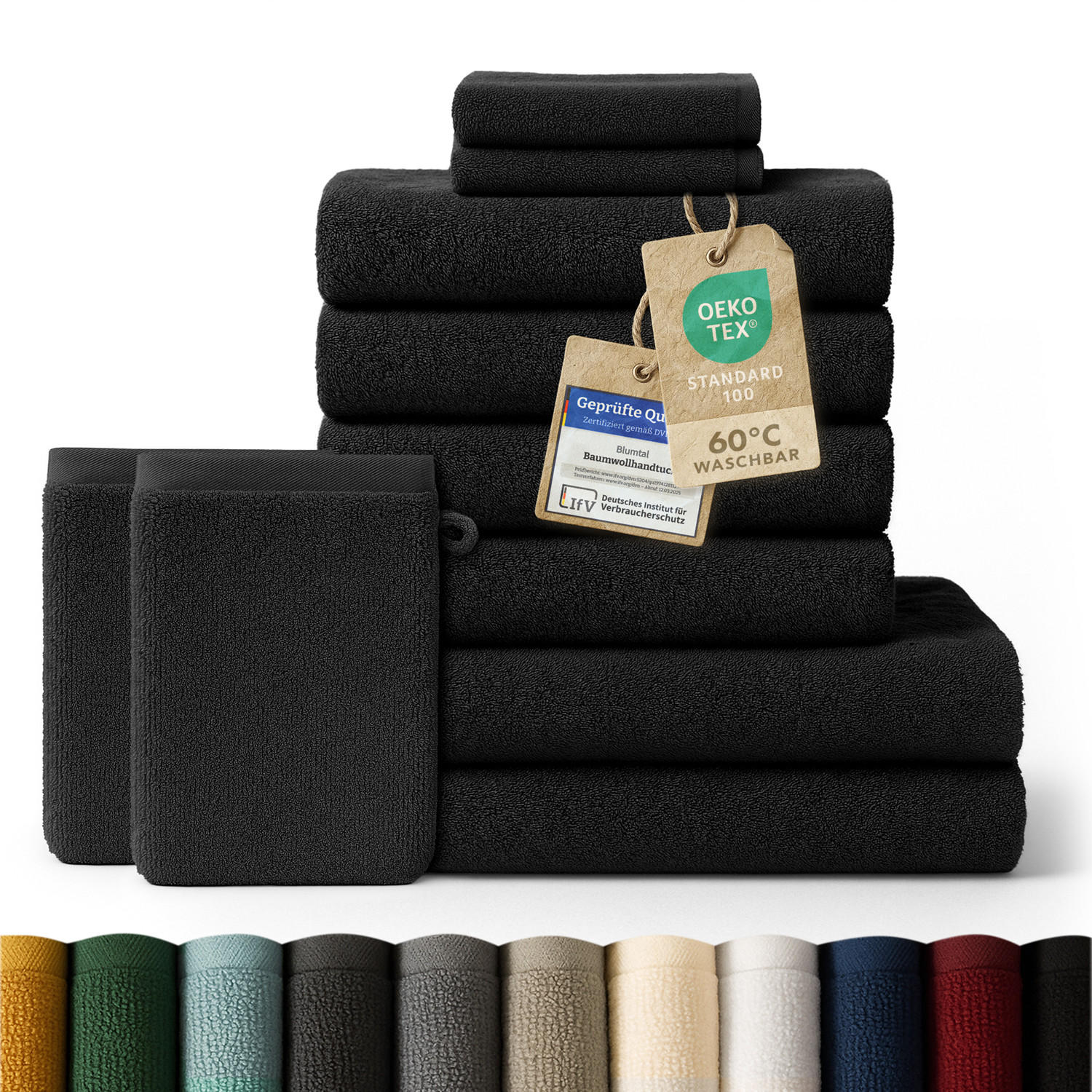 HANDTUCH 8-teilig, 2x Badetuch 70/140 + 4x Handtuch 50/100 + 2x Gästetuch 30/30 + 2x Waschlappen 15/20 cm, Schwarz - Schwarz, Textil (70/140cm) - Blumtal
