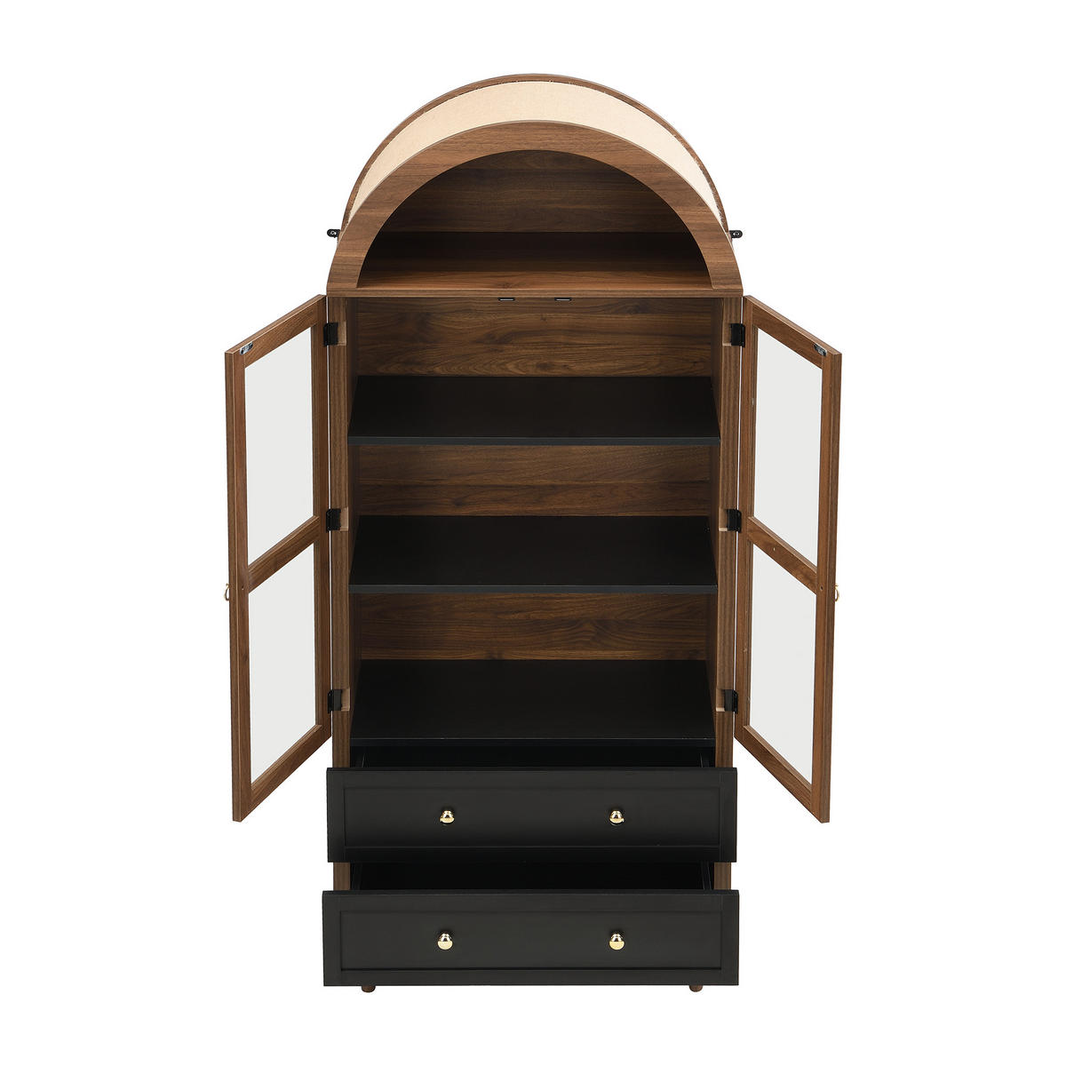 HIGHBOARD mit Glastüren und Rundbogen, Retro Mehrzweckschrank 70x38x168cm - Goldfarben/Walnussfarben, Holz/Metall (70/168/38cm) - LVHOM