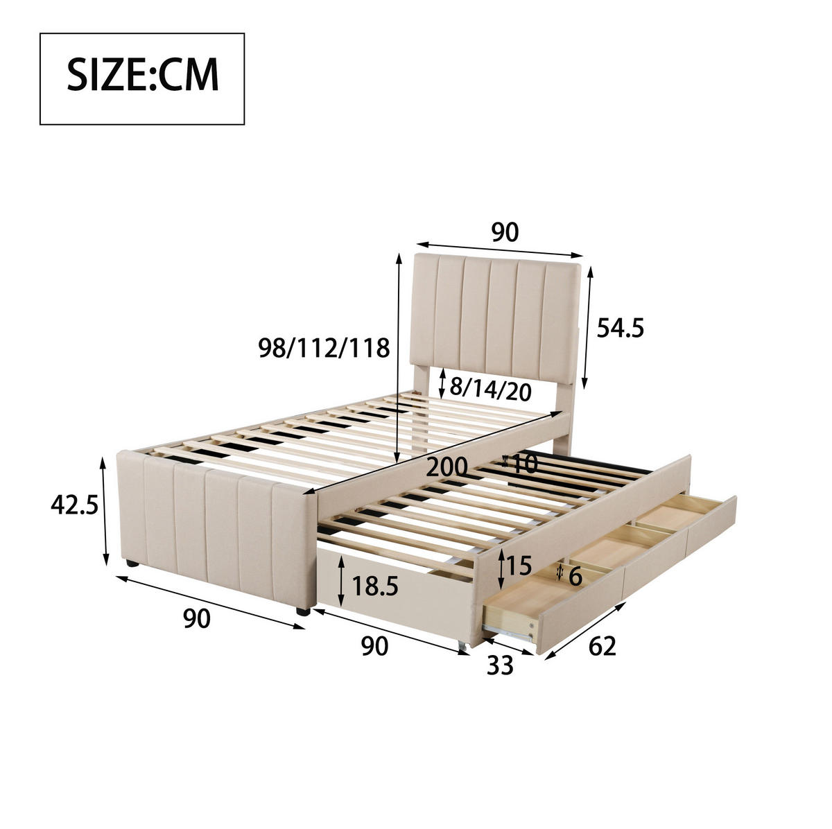POLNJENA postelja iz lesa in lepljenke 203x90x118 cm bež z izvlečnim ležiščem, 3 predali in nastavljivim vzglavjem - bež, tekstil (90/200cm) - Modfu