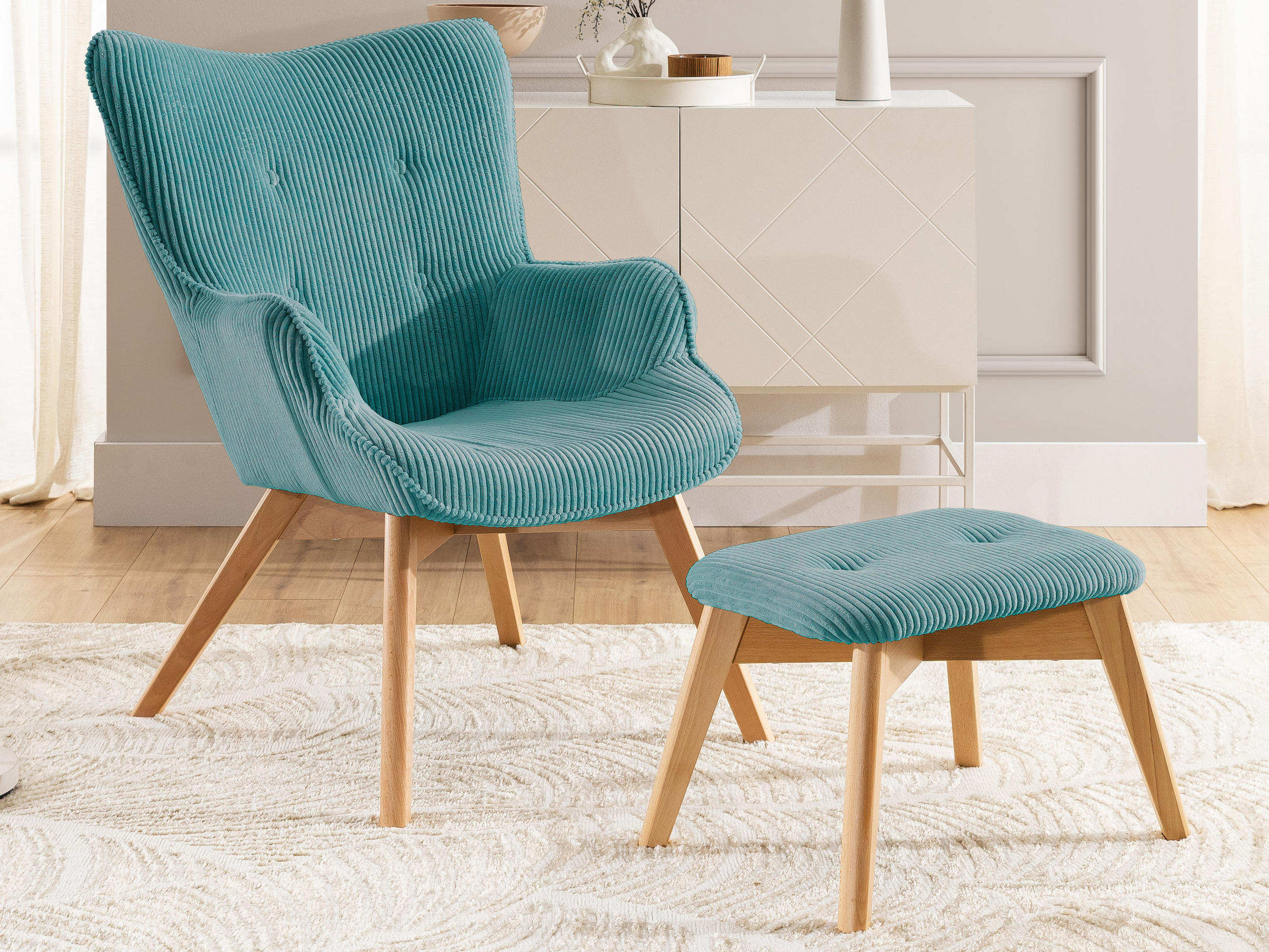 LOUNGESESSEL mit Fußhocker Lenari Türkis Cordstoff mit Füßen in Natur - Türkis/Naturfarben, Holz/Textil (71/96/86cm) - S-Style Möbel