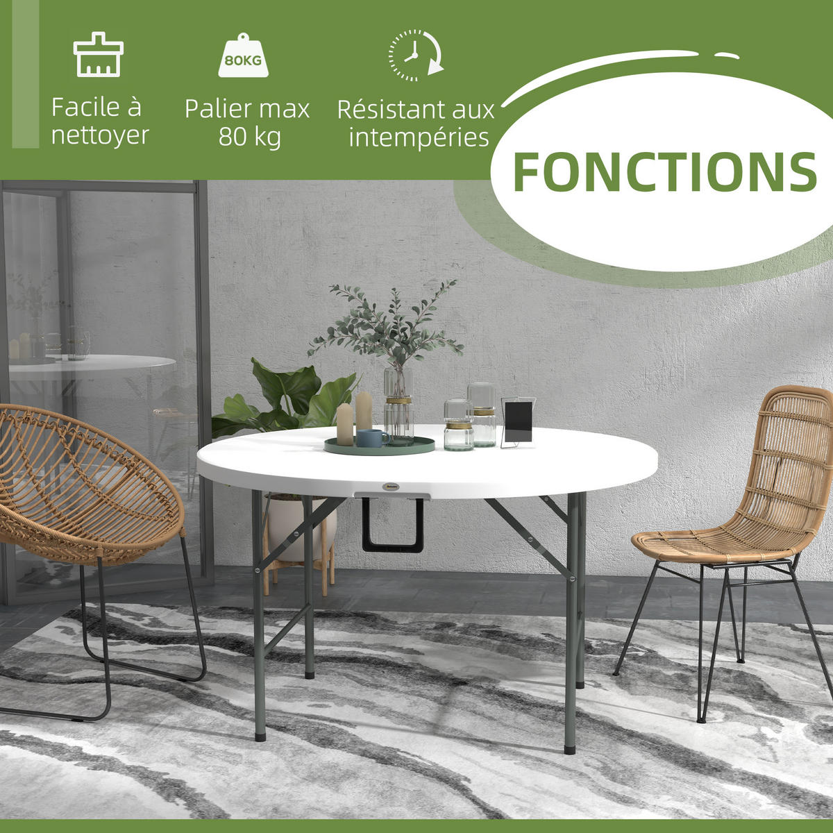 GARTENTISCH DE-14090 klappbar Ø122 cm für 6 Personen - Weiß, Kunststoff (122/122/73cm) - ComfortXL