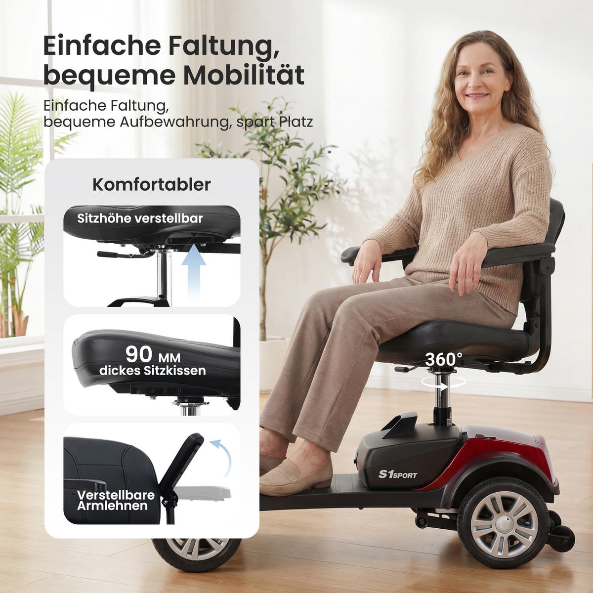 ELEKTROMOBIL faltbar Seniorenmobil,15-25 km,12Ah 4-Rad-Scooter,Rot - Rot, Metall (50/94.5/99cm) - LVHOM