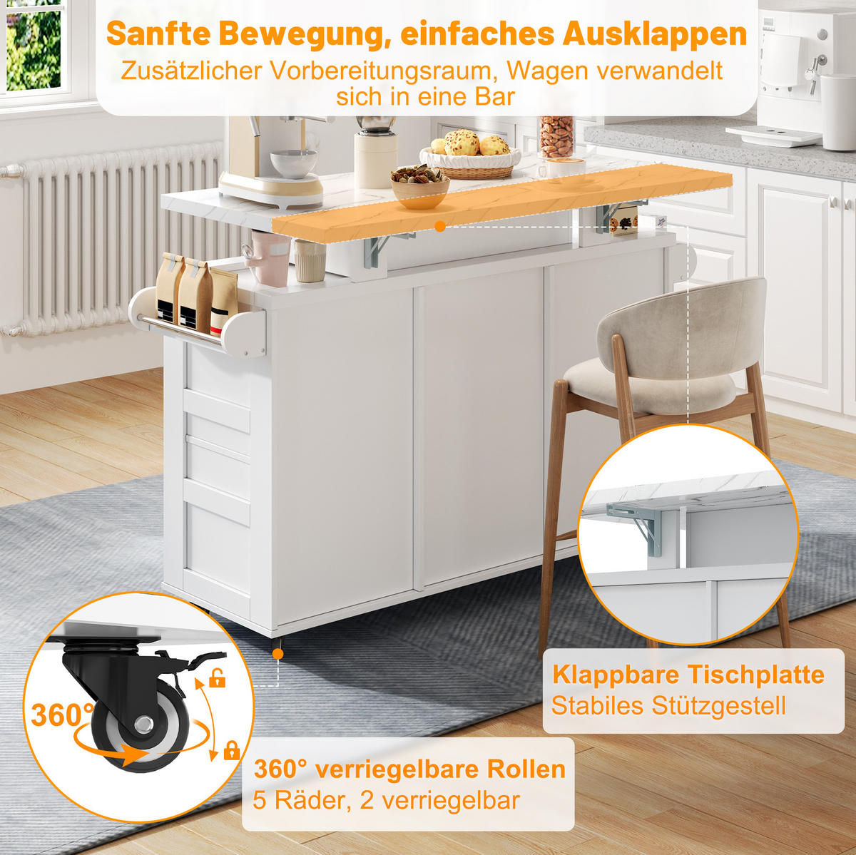 KÜCHENINSEL 138/60/93 cm aus MDF mit klappbarer Arbeitsplatte und LED-Beleuchtung Weiß - Weiß, Holzwerkstoff (138/93/60cm) - Modenvie