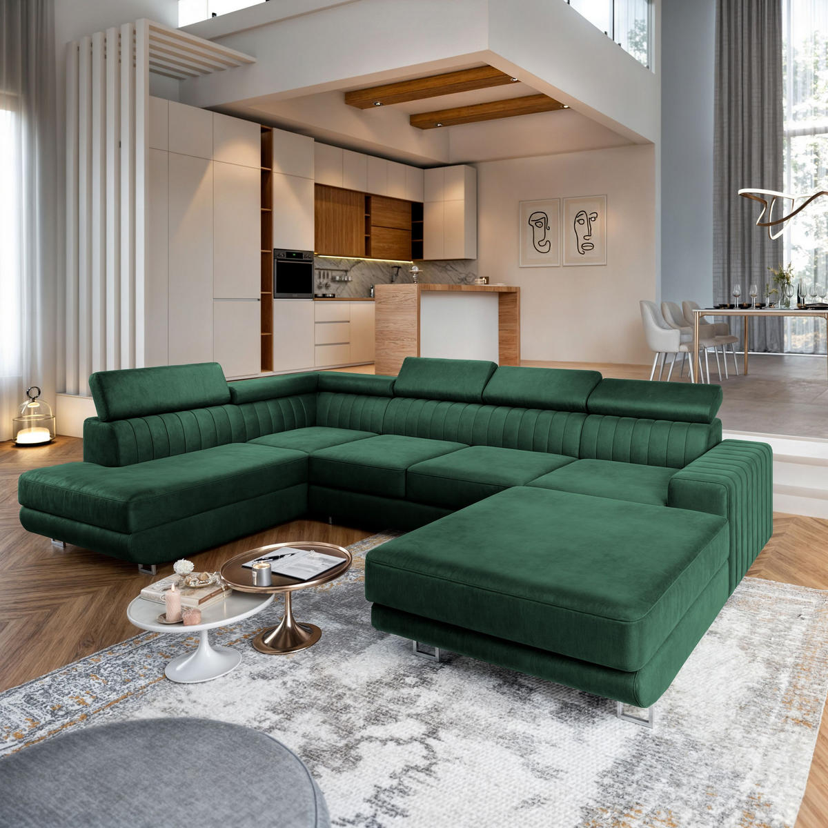 WOHNLANDSCHAFT SIENA L-S Grün Velours-Stoff mit Schlaffunktion - Grün, Holz (335/89/190cm) - MASSENO
