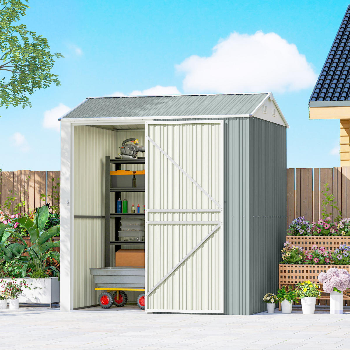 GERÄTEHAUS Abschließbar Hellgrau 209/177/236 cm - Hellgrau, Metall (177/236/209cm) - Outsunny