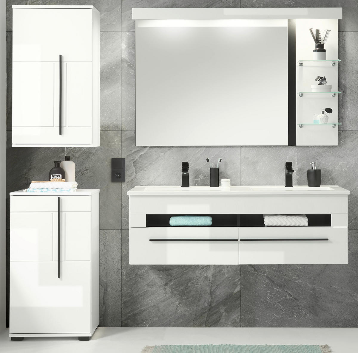 BADMÖBEL-SET weiß Hochglanz schwarz, Badkombination MIT Doppelwaschbecken LED Beleuchtung, 175 x 200 cm - Weiß Hochglanz/Schwarz, Holzwerkstoff/Kunststoff (175/200/45cm) - Furn.Design