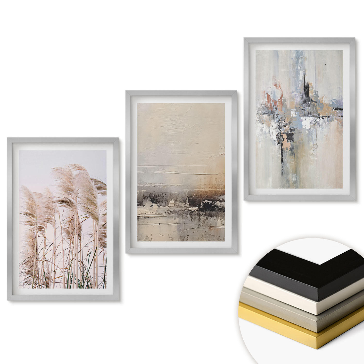 WANDBILDER 3er Set - 40x60 cm Silberner Rahmen - Abstrakte Vegetationsmuster - Silberfarben, Kunststoff (40/60cm) - ArtPrintCave