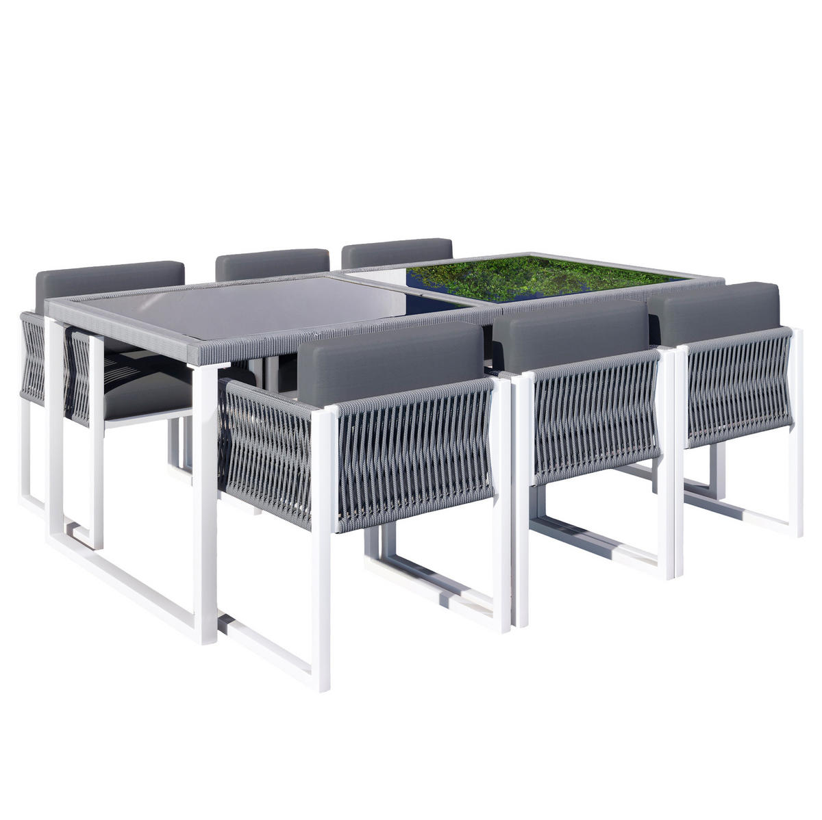 GARTENSET aus Eisen 170x80x75 cm Grau/Weiß mit 6 Stühlen, Glasplatte, verstellbaren Füßen und waschbaren Bezügen - Grau, Metall - Modfu