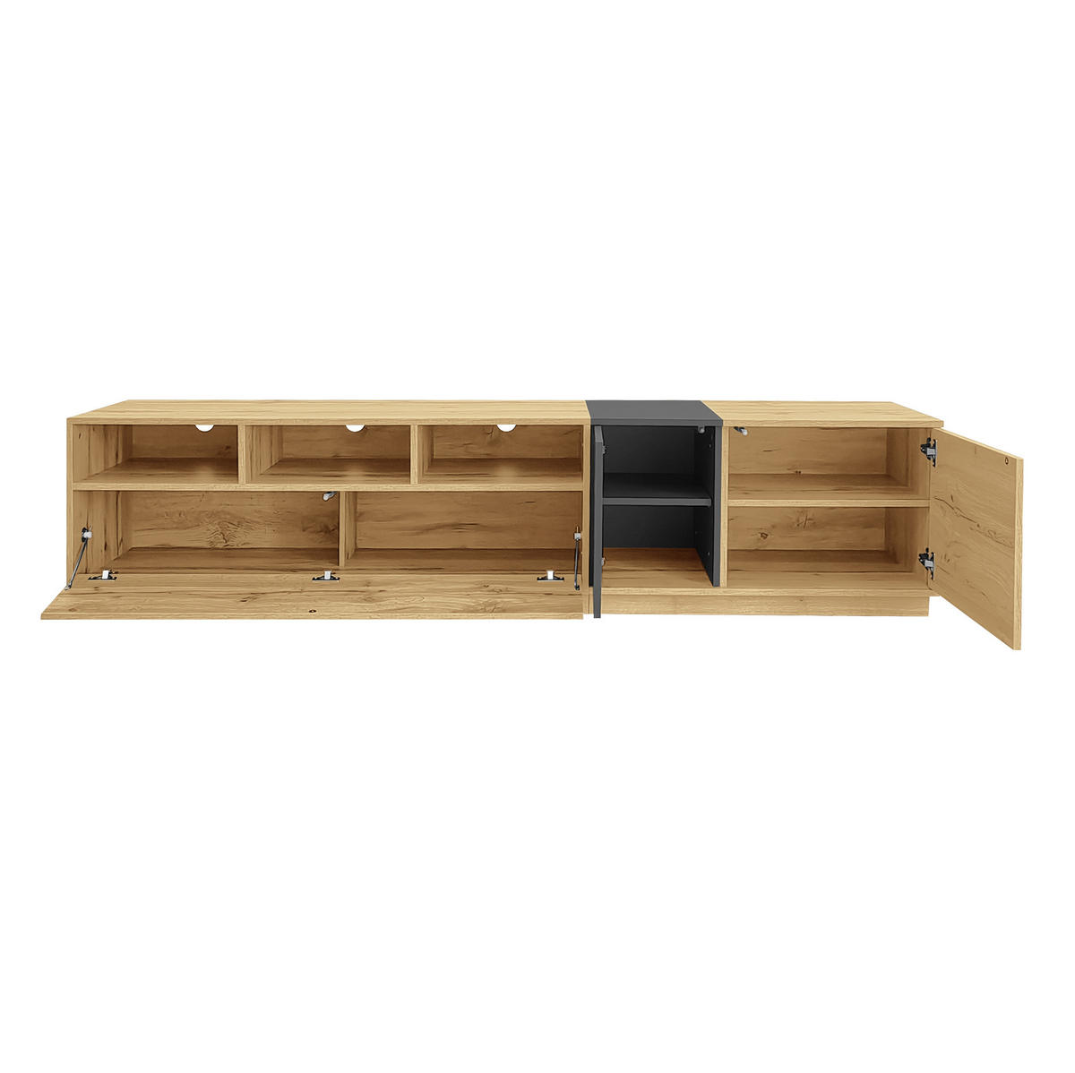 TV-SCHRANK aus Spanplatte 200x45x45 cm Schwarzgrau/Naturfarben mit Kabelöffnungen und Türen im Kontrastdesign - Schwarz, Holzwerkstoff (200/45/45cm) - Modfu