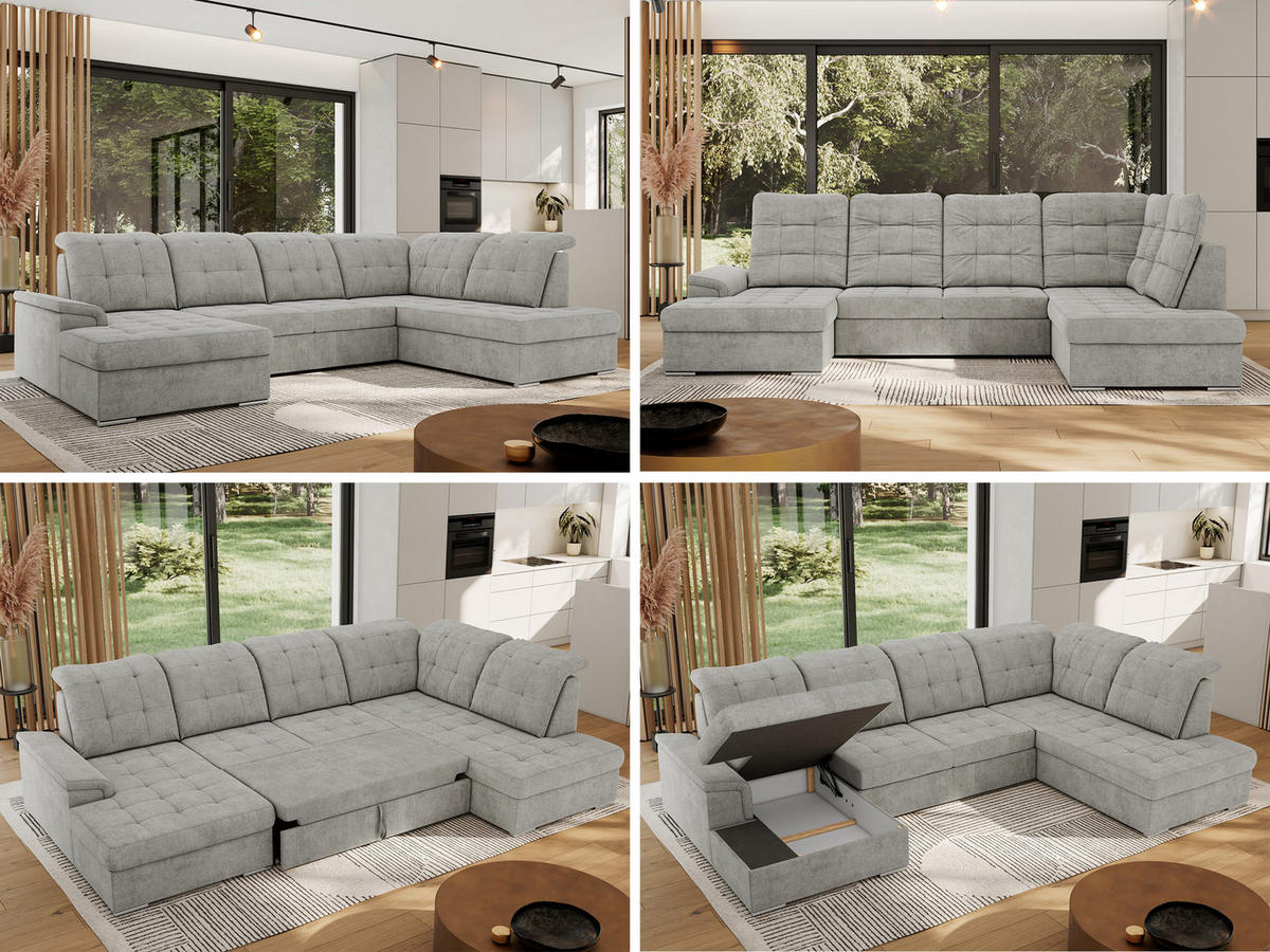WOHNLANDSCHAFT MADRITO U - Hellgrau Struktur - Rechts - Silberfarben/Hellgrau, Textil/Metall (323/89/204cm) - MKS