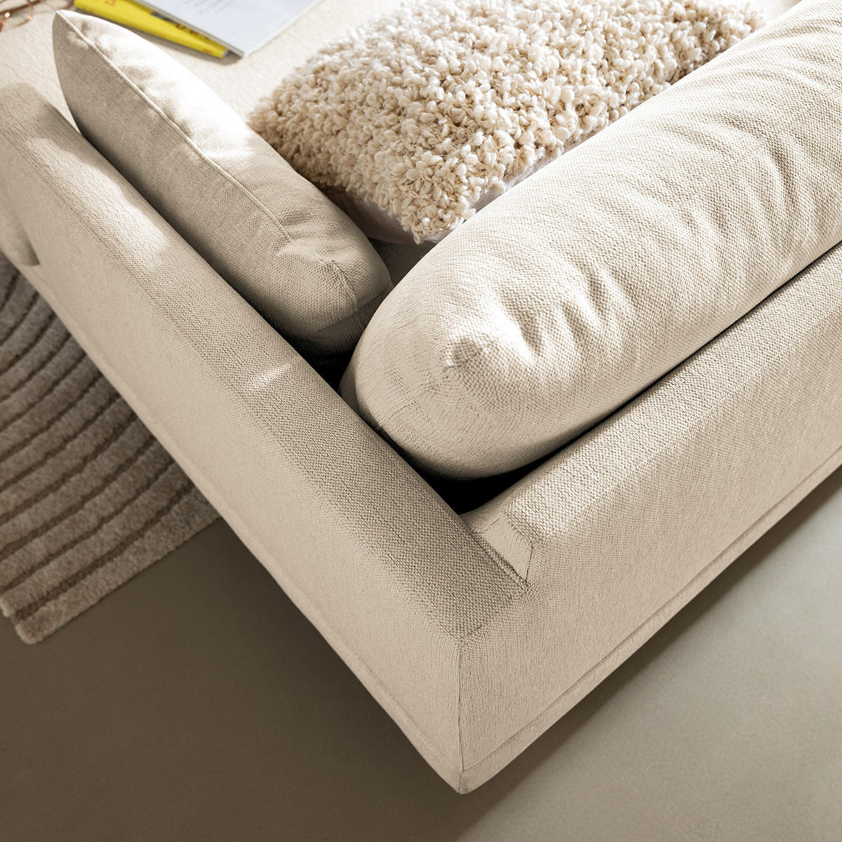 ECKSOFA mit Longchair - Webstoff - Beige/Buchefarben, Buchenholz/Textil (242/150cm) - home24