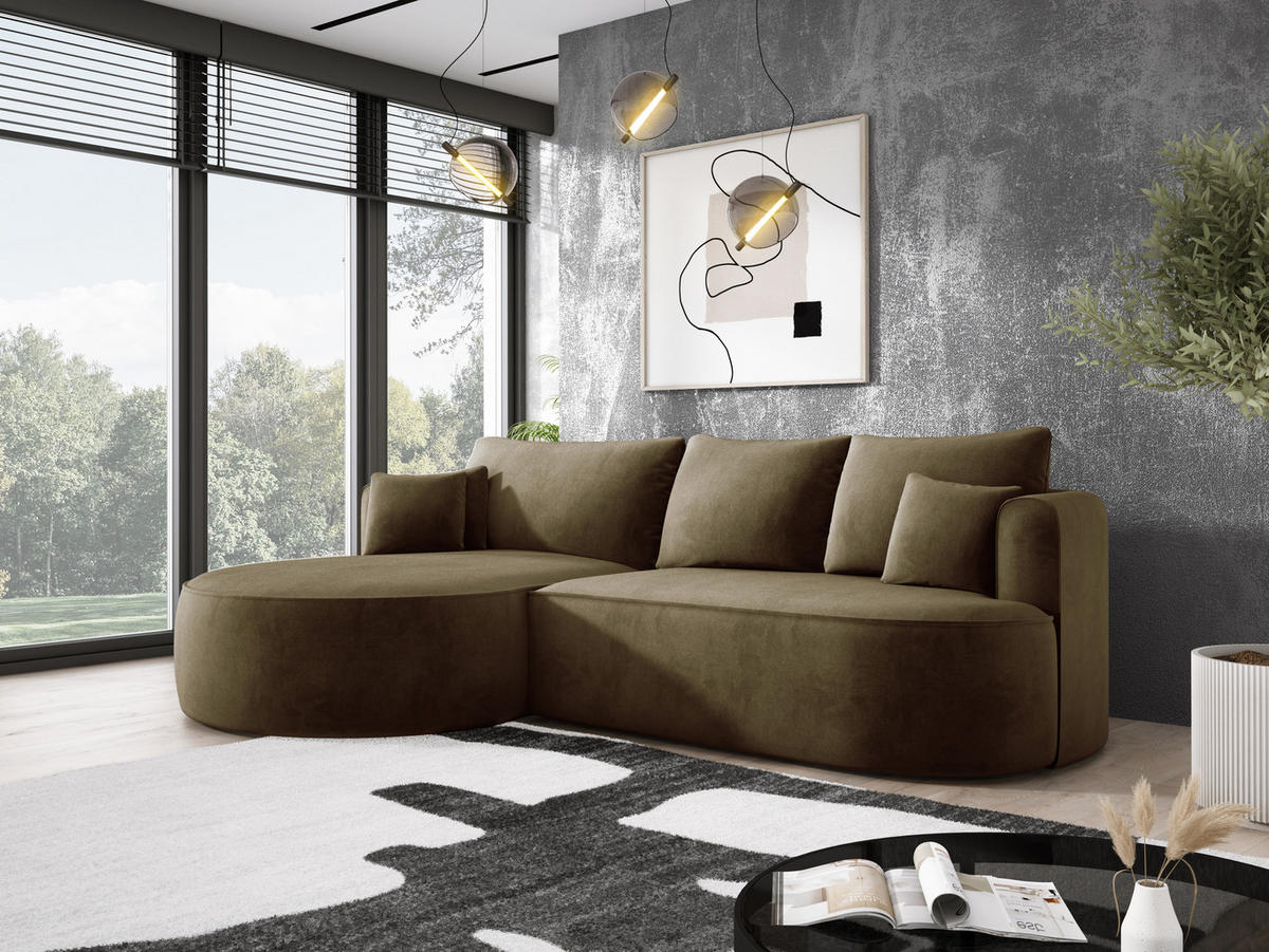 ECKSOFA FIORE L-förm Moderne Ausziehbare Schlaf-Funktion, automatischer Auffaltung, lose Rückenkissen freistehend LINKS 284x183x82cm Green - Grün, Holz/Textil (183/284cm) - DomoHome