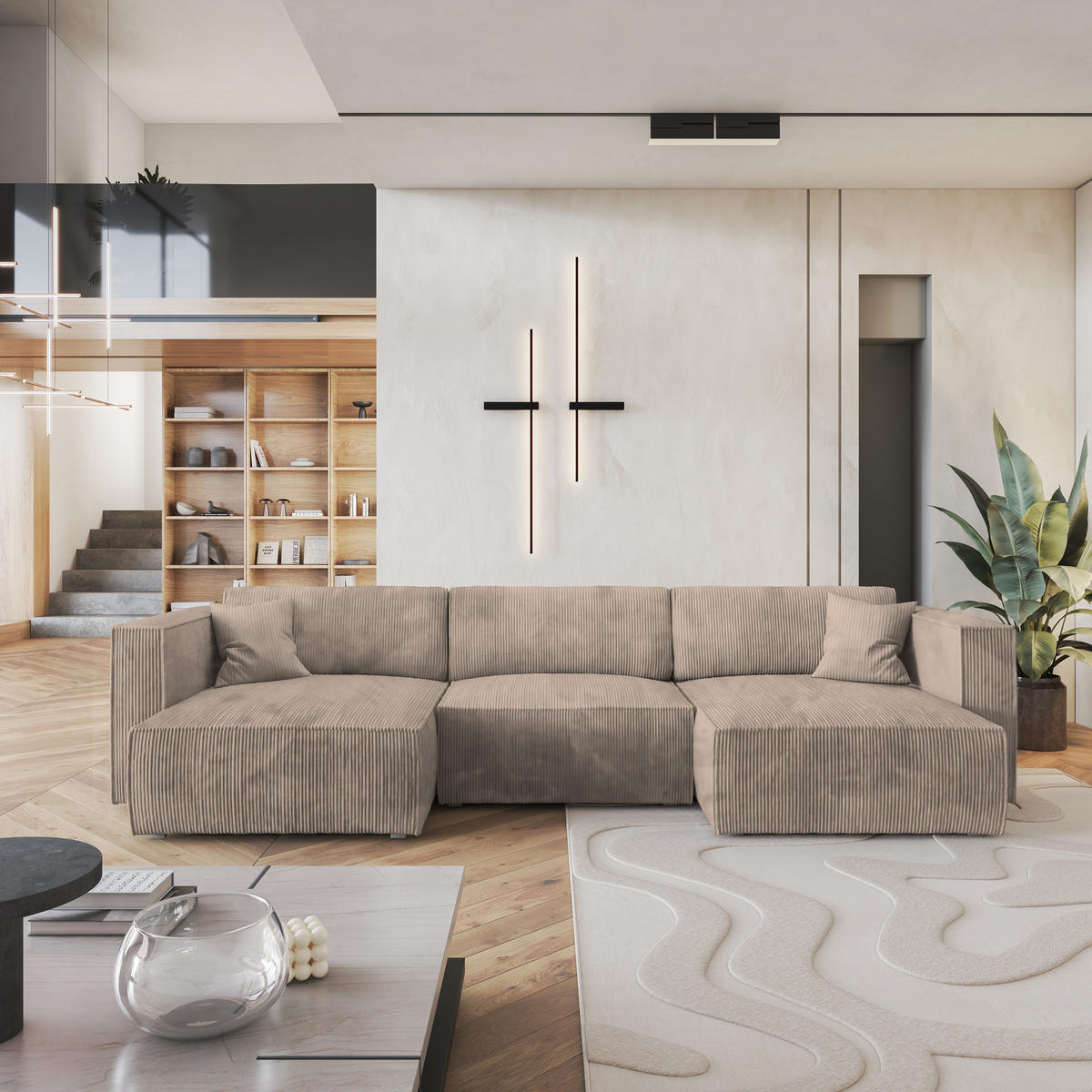 ROHOVÁ SEDAČKA SARMO béžová - šedá/béžová, dřevo/textil (347/148cm) - MASSENO