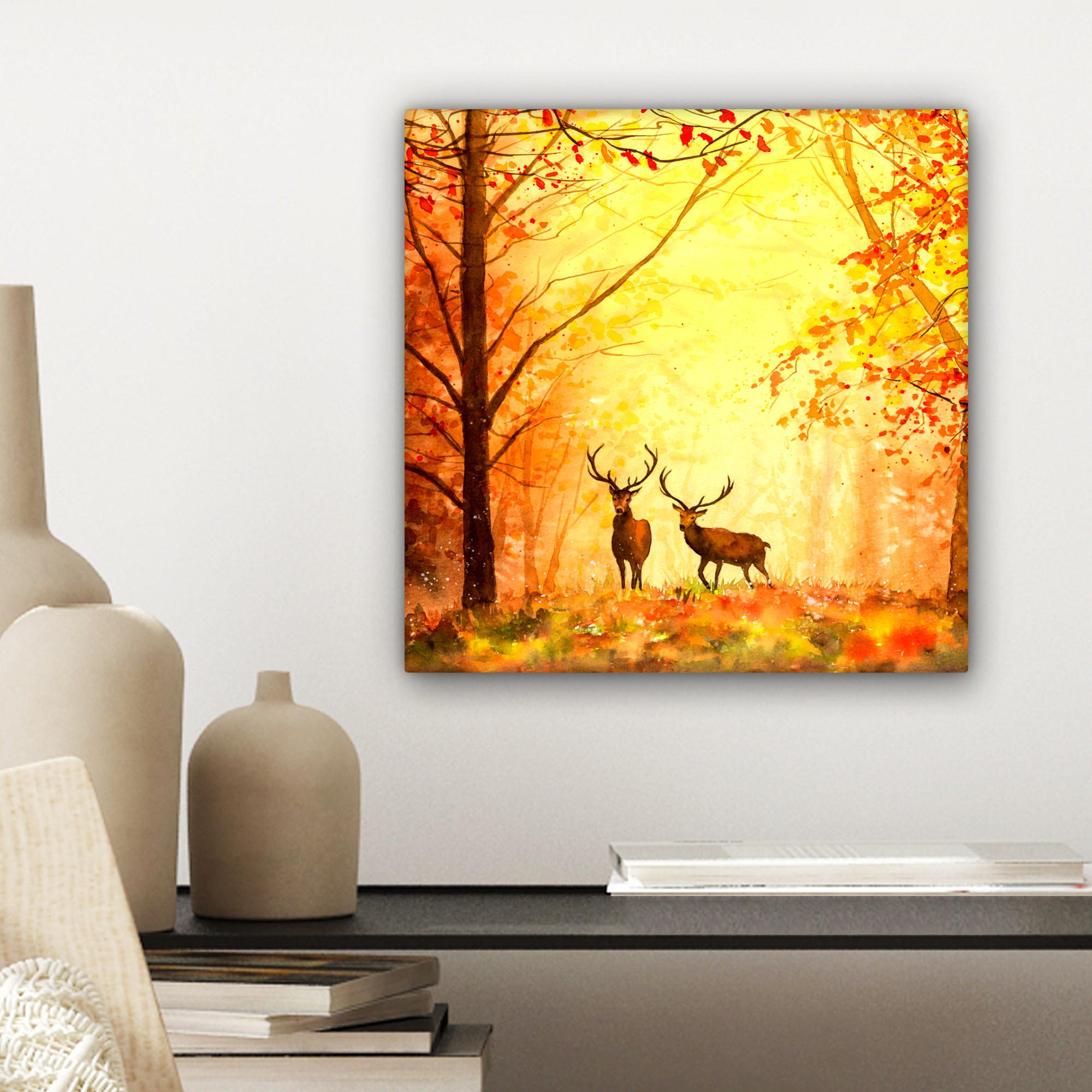 LEINWANDBILD Natur - Ölfarbe - Hirsche - Tiere - Herbst - Orange 20x20 cm - Orange, Textil (20/20cm) - MuchoWow