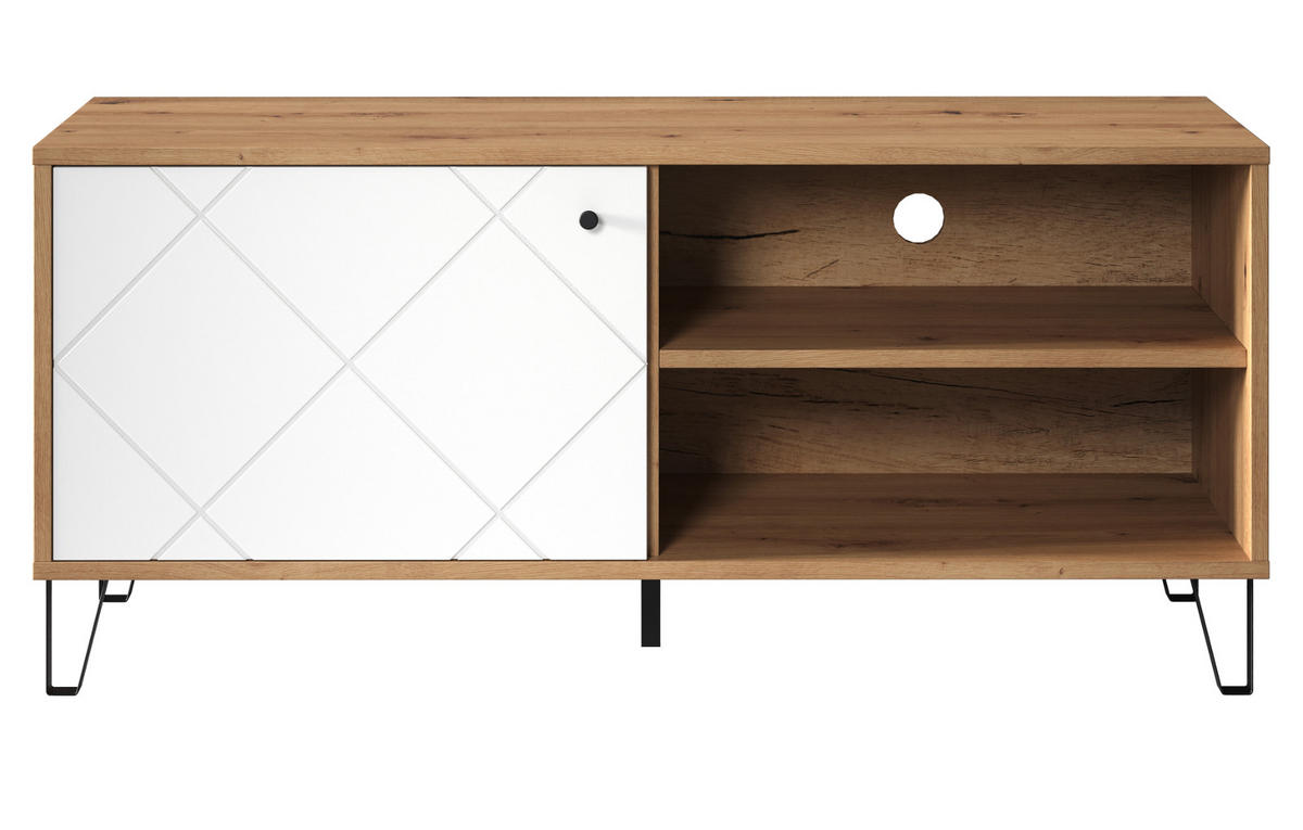 TV-LOWBOARD weiß matt, Eiche Artisan 123 cm,TV-Unterteil mit moderner Rautenoptik - Eichefarben/Schwarz, Holzwerkstoff/Kunststoff (123/56/40cm) - Top.Furn