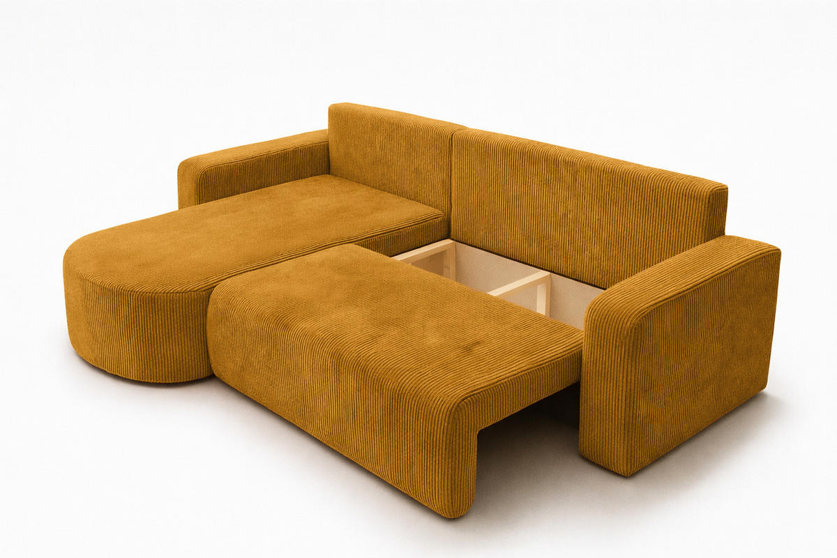 ECKSOFA Mit Schlaffunktion, Cordstoff Poso, Senffarbe, Links, ROUND ONE XL - Gelb, Holz (271/175cm) - Kaiser Möbel