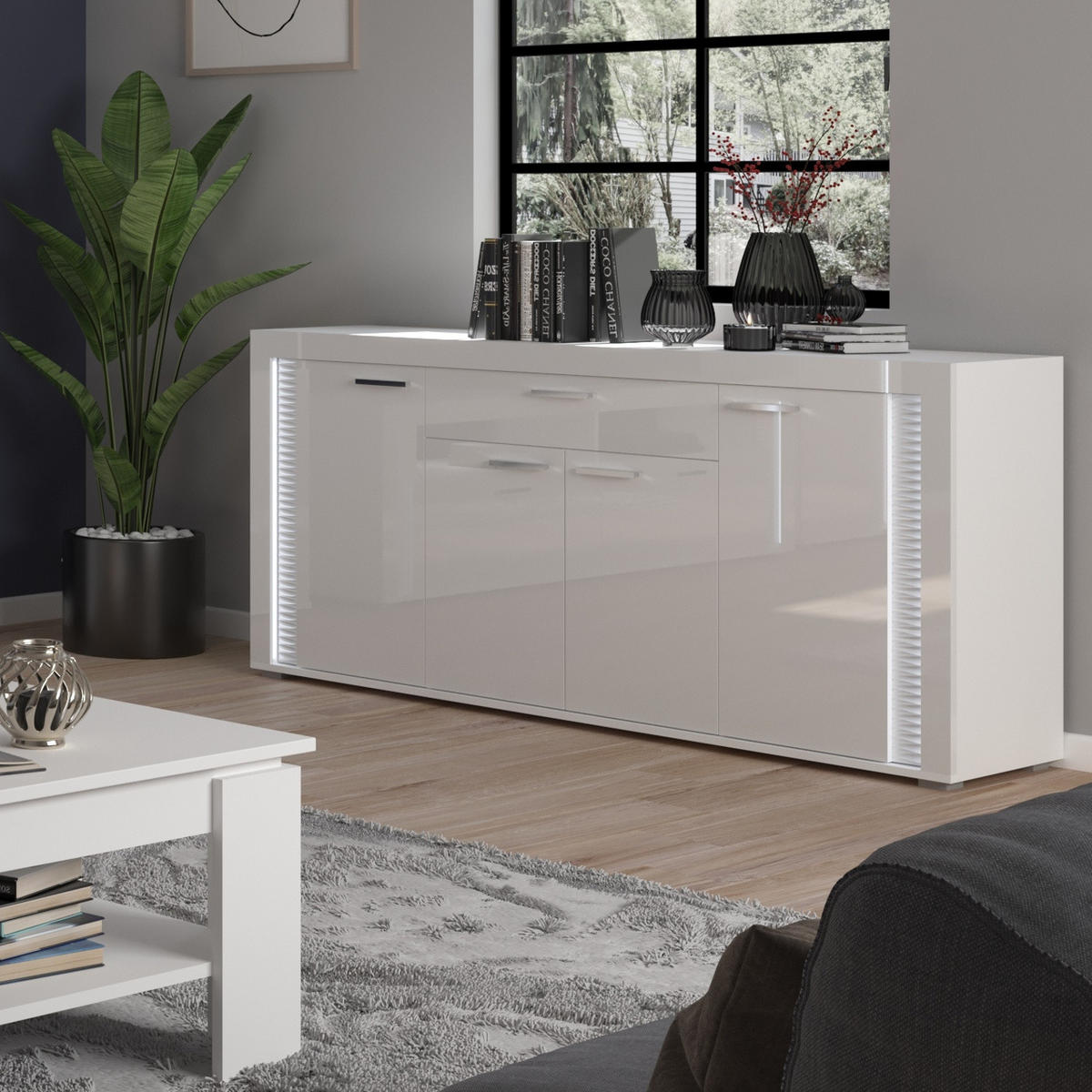 SIDEBOARD weiß Hochglanz 180 cm, mit Soft-Close-Funktion, inkl. Beleuchtung - Weiß Hochglanz/Silberfarben, Holzwerkstoff/Kunststoff (182/84/42cm) - Inn.Furn