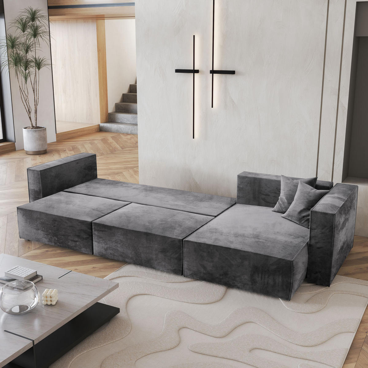 ECKSOFA TOLMO M Grau Velours-Stoff mit Schlaffunktion - Grau, Holz (347/148cm) - MASSENO