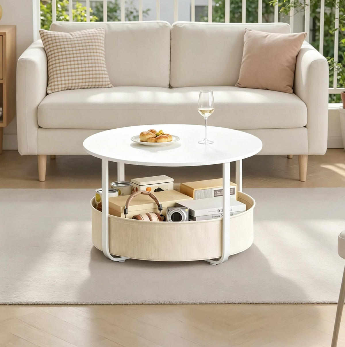COUCHTISCH aus Metall und Spanplatte 80x80x50 cm Beige/Weiß mit Canvas-Korb - Beige, Textil (80/80/50cm) - IVMEU