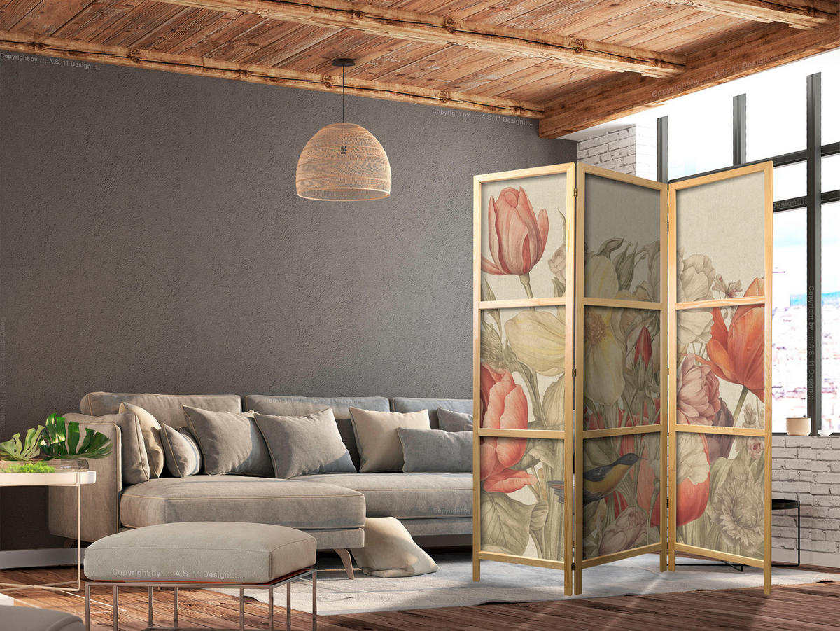 PARAVENT Japanischer 3-tlg 135x172 cm Bunte Feldblumen - Beige, Holz/Textil (135/172/3cm) - Muralo