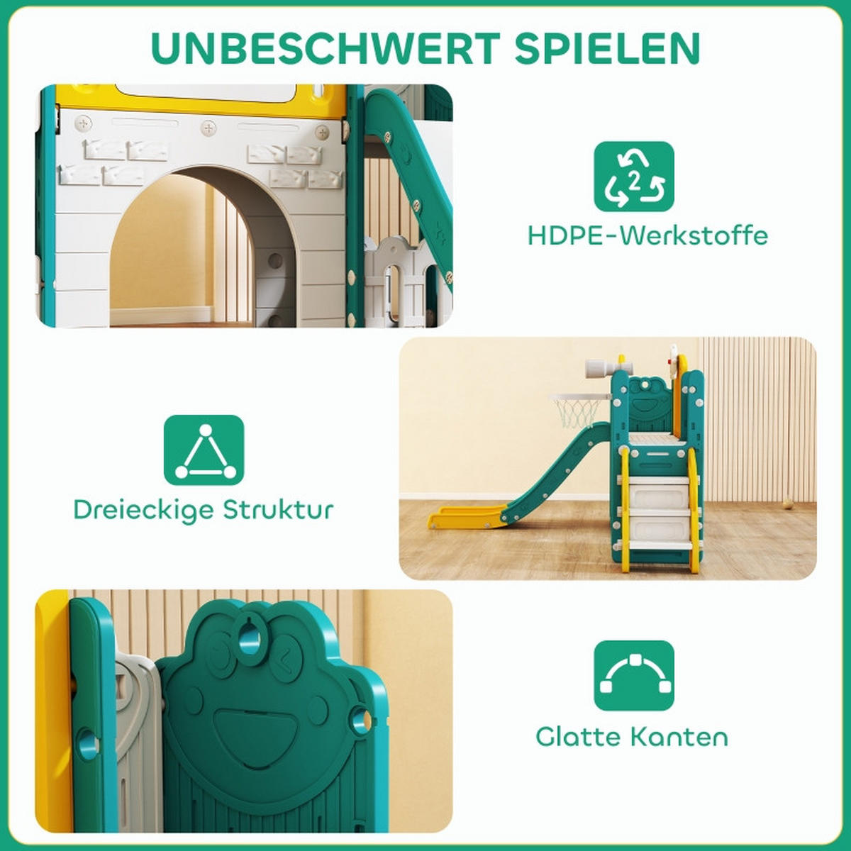 KINDERRUTSCHE 7-in-1 mit Schaukel und Basketballkorb Gelb/Grün - Gelb, Kunststoff (150/94/176cm) - Korfee