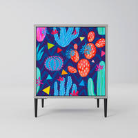 SIDEBOARD CACTUS VIBES, Grau, 57,5x42x72,5 cm, Schwarze Metallfüße - Multicolor/Schwarz, Holzwerkstoff/Metall (57.5/72.5/42cm) - SpaceRebels