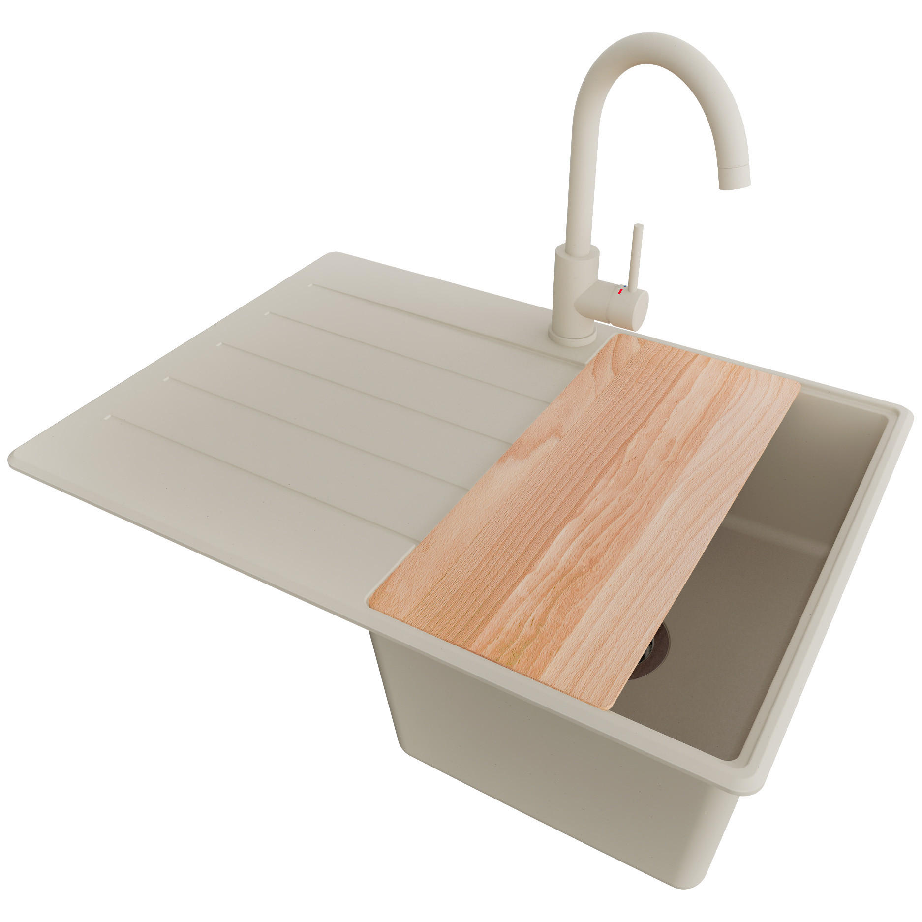 GRANITSPÜLE Kopenhagen, 2-er set Beige 70/50 cm 1 Becken + Küchenarmatur 32/20 cm + Ablauf-Set + Schneidebrett ab 40er Unterschrank - Chromfarben/Beige, Kunststoff (70/20/50cm) - Primagran