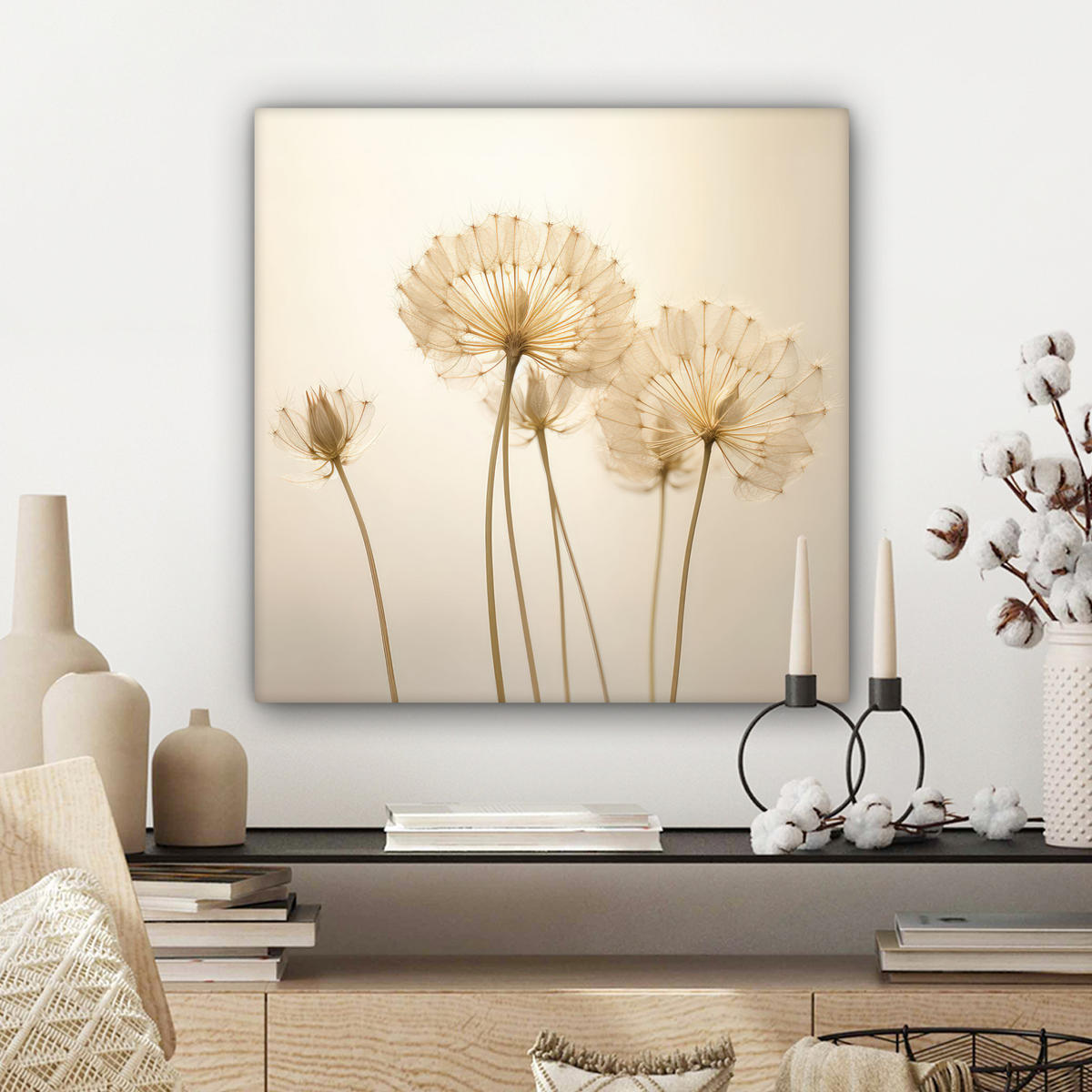 LEINWANDBILD Sonnenlicht - Löwenzahn - Botanisch - Blumen Wandbild Wohnzimmer 50x50 cm - Creme, Textil (50/50cm) - MuchoWow