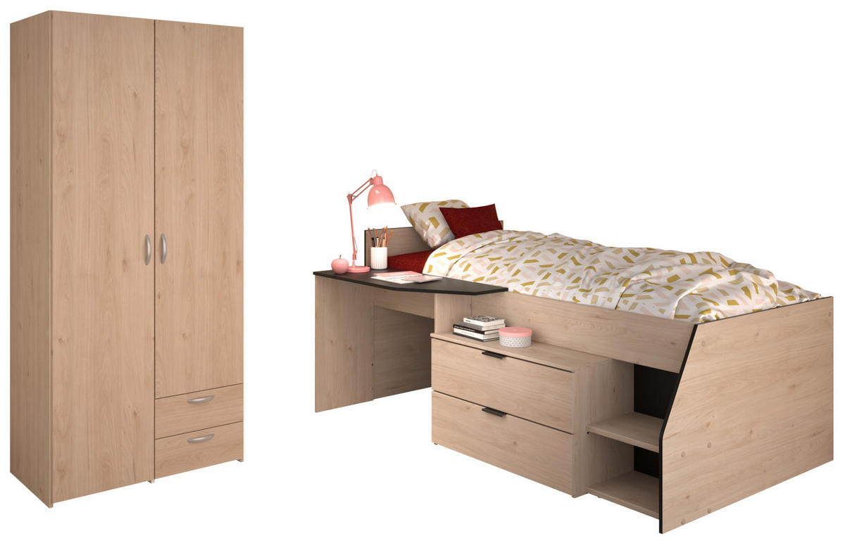 KINDERZIMMER-SET 2-teilig Eiche Jackson, schwarz, Jugendzimmer mit Stauraumbett - Eichefarben/Silberfarben, Holzwerkstoff/Kunststoff (203/185/135cm) - Parisot Meuble