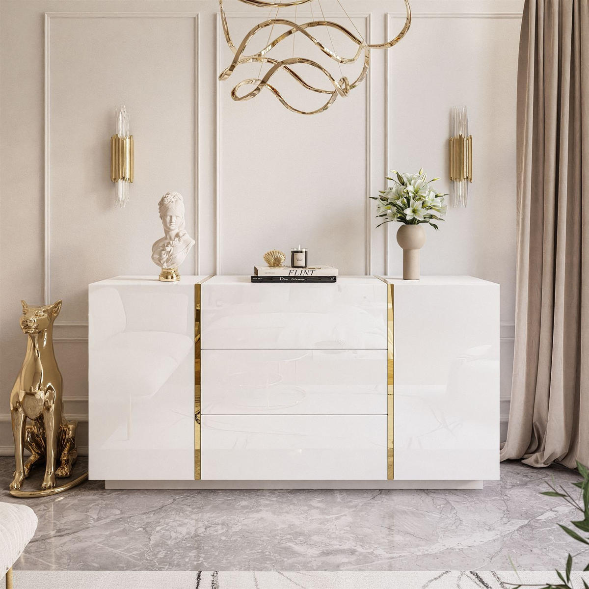 SIDEBOARD MIT SCHUBLADEN ONYX HOCHGLANZ 158 CM PUSH OPEN - Weiß, Holzwerkstoff (158/81/41.3cm) - Lookway