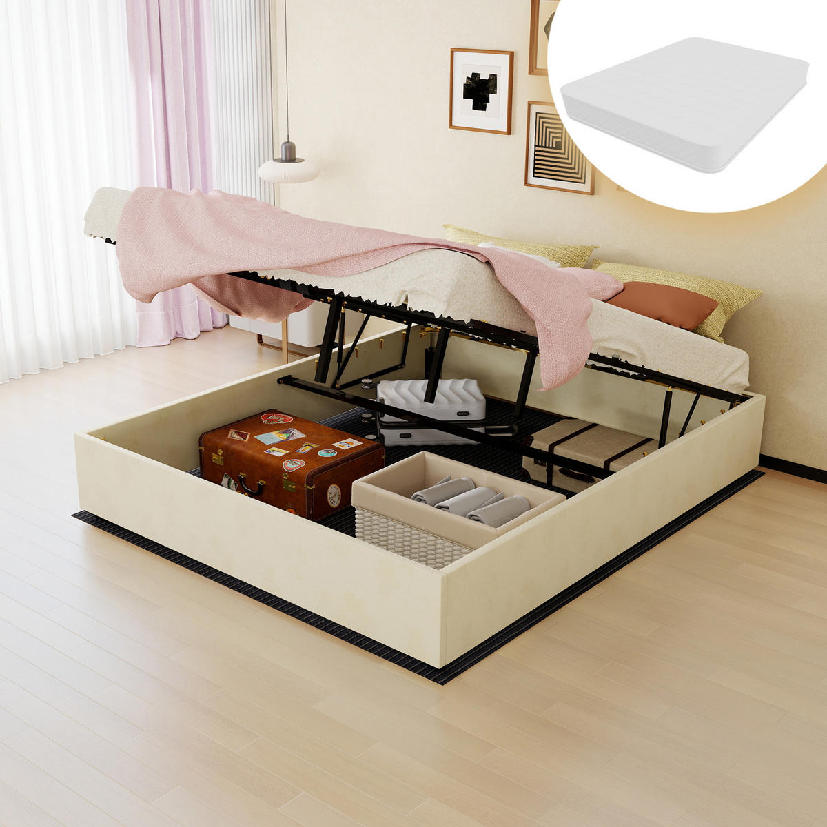 BETT 160/200 cm DE-33004 mit Gaslift und Matratze Beige - Beige, Metall (160/200cm) - ComfortXL