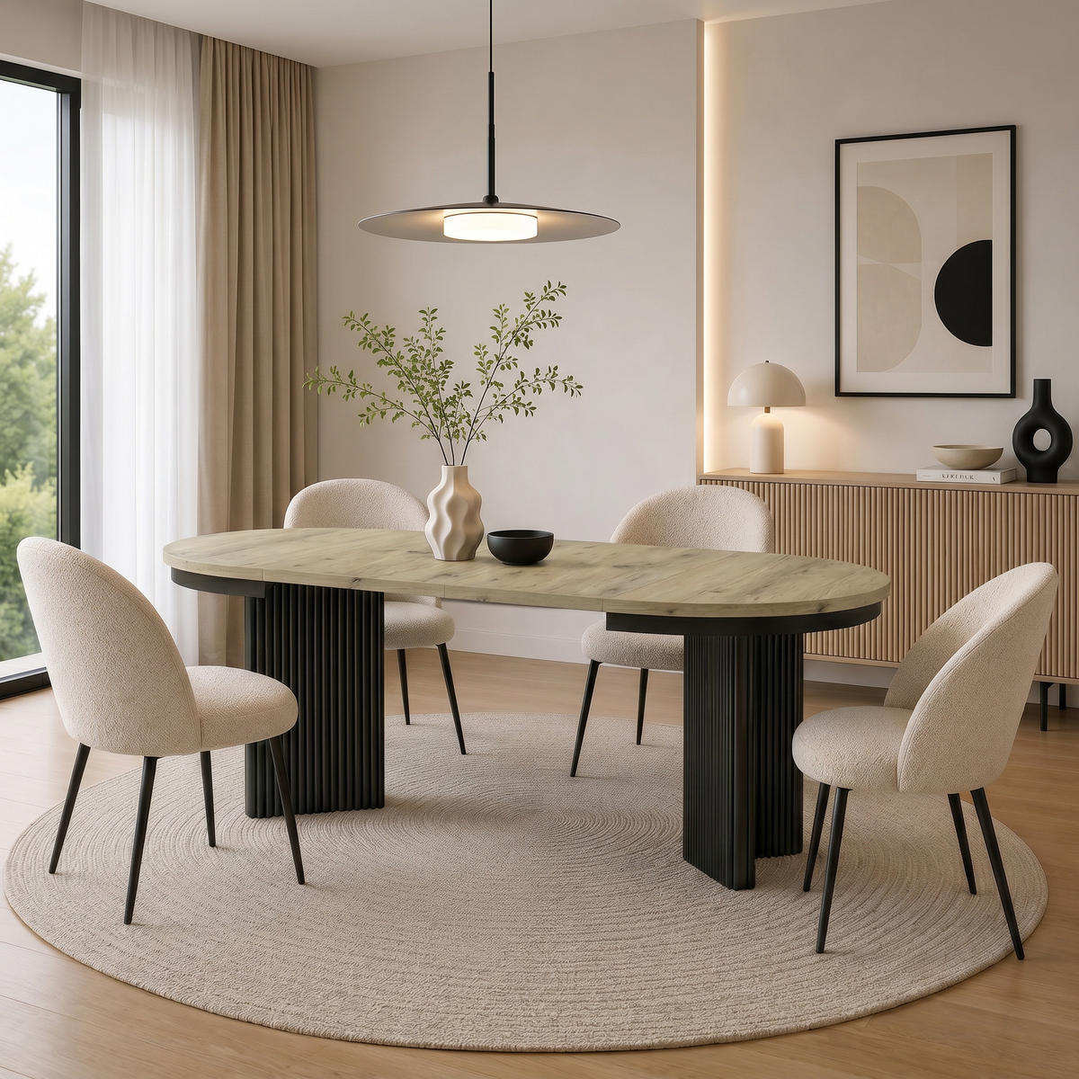 JÍDELNÍ STŮL Prestige, kulatý designový stůl, rozkládací Ø 100–180 cm, dub Artisan + černá - černá/barva dubu, kov (100/100/77cm) - Beautysofa
