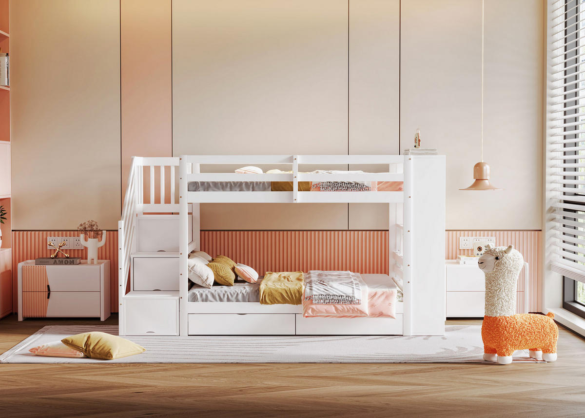 ETAGENBETT 90x200 cm Treppe Schubladen weiß - Weiß, Holz (90/200cm) - LEBENLANG