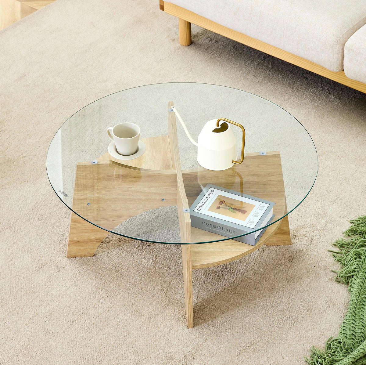 COUCHTISCH 80/36 cm aus Glas und MDF in Holzoptik mit fächerförmigem Gestell - Naturfarben, Holzwerkstoff (80/80/36cm) - Flora Grace