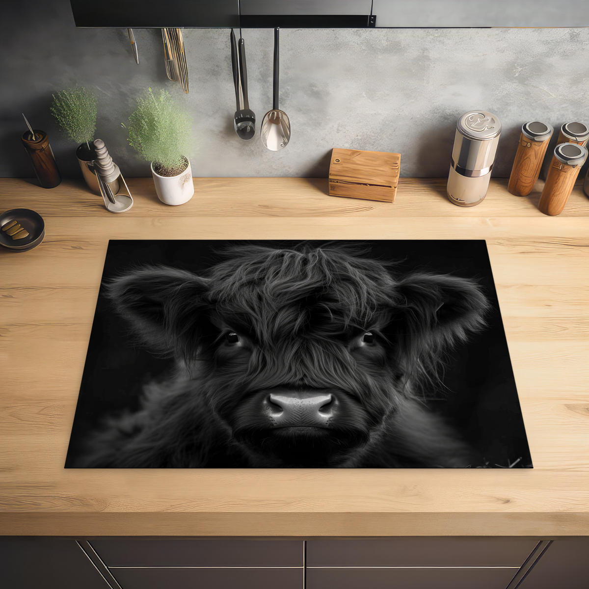 HERDABDECKPLATTE Scottish Highlander - Schwarz - Kalb - Kuh Herdabdeckung Induktionsfeld 75x52 cm - Schwarz, Kunststoff (75/52/0.2cm) - MuchoWow